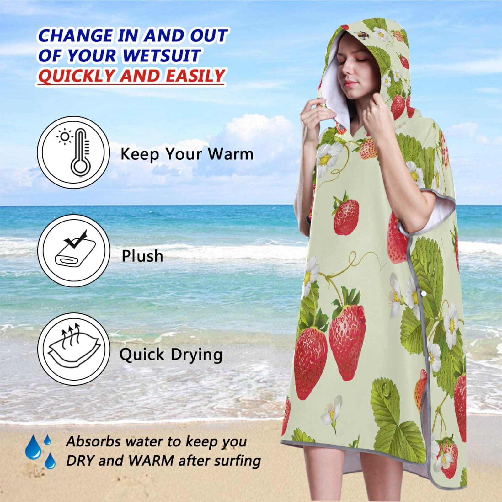 Rot Surf-Poncho mit grünen Blättern mit weißen Blumen in Hellgrün für Erwachsene mit Kapuze und Tasche, schnelltrocknend, Mikrofaser-Handtuch für Bad, Strand im Freien