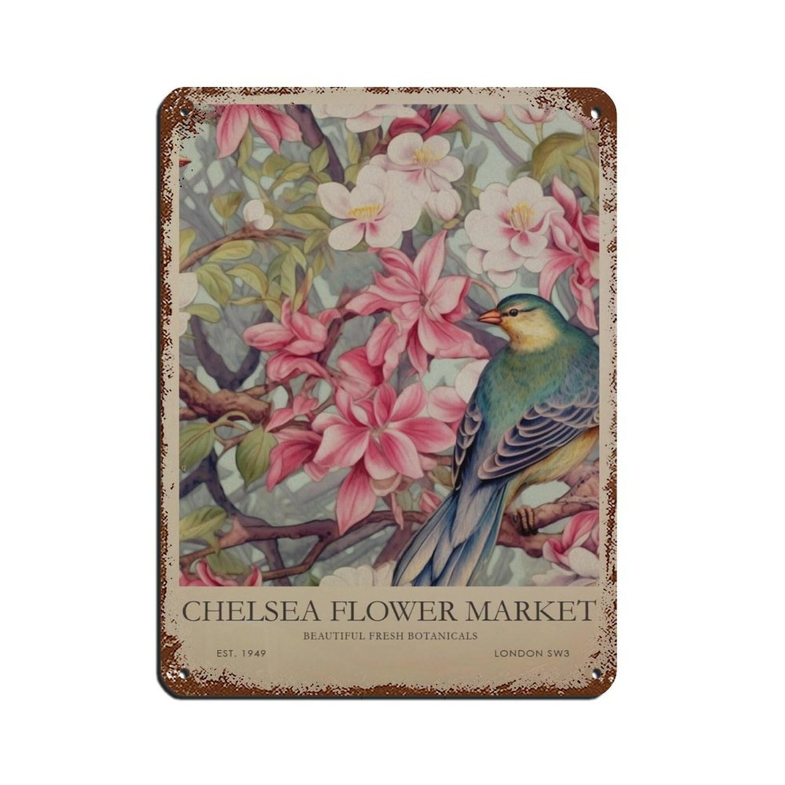 Chelsea Flower Market, Vibrant Bird And Botanical Retro Poster Metal Tin Sign Chic Art Retro Iron Painting Bar People Cave Cafe Family Garage Poster Wall Decoration 12x16inch(30x40cm)