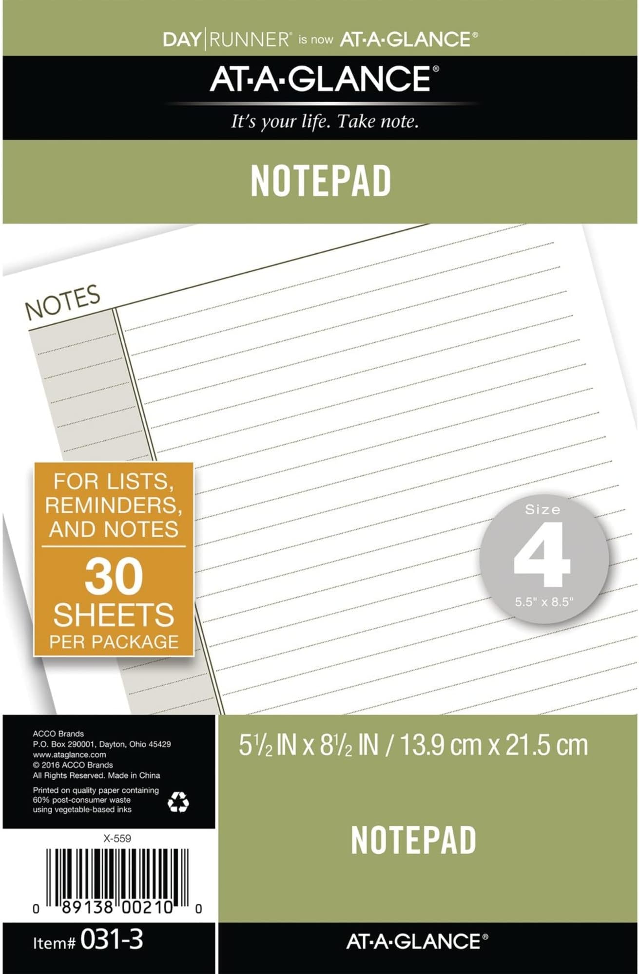 Day Runner Lined NotePad Pages, 87275 DAY-TIMER, Refill, Loose-Leaf, Undated, for Planner, 5-1/2" x 8-1/2", Size 4, 32 Sheets/Pack (031-3)