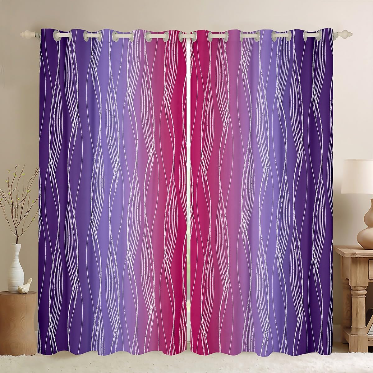 Homewish Abstract Ombre Blackout Curtains 46" Wx54 L Red Purple Gradient Curtains & Drapes Geometric Silver Striped Window Curtains For Bedroom Aesthetics Wavy Line Window Treatments 2 Panels - Image 2