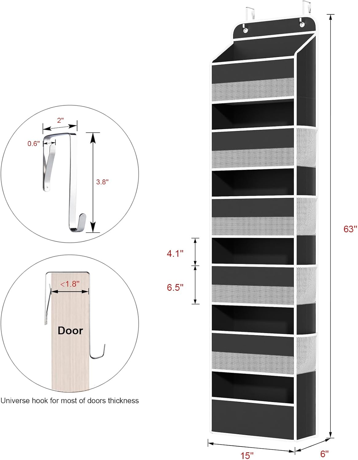 Univivi Door Hanging Organizer Nursery Closet Cabinet Baby Storage with 6 Large Compartments and 8 Side Pockets for Cosmetics, Toys and Sundries (Black)