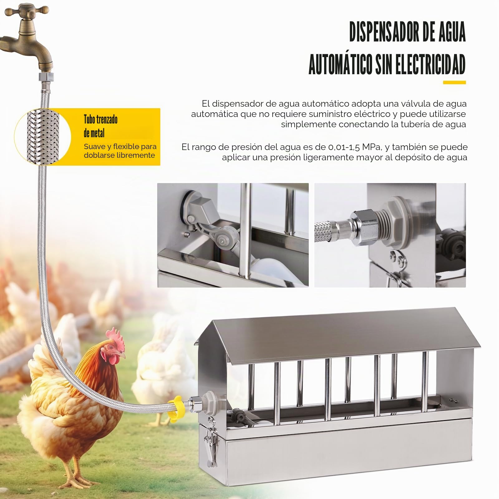 Bebedero Automático para Pollos, Dispensador de Agua para Palomas de Acero Inoxidable con Válvula de Flotador Fuente para Aves de Corral para Pollos Pato Ganso Paloma Codorniz
