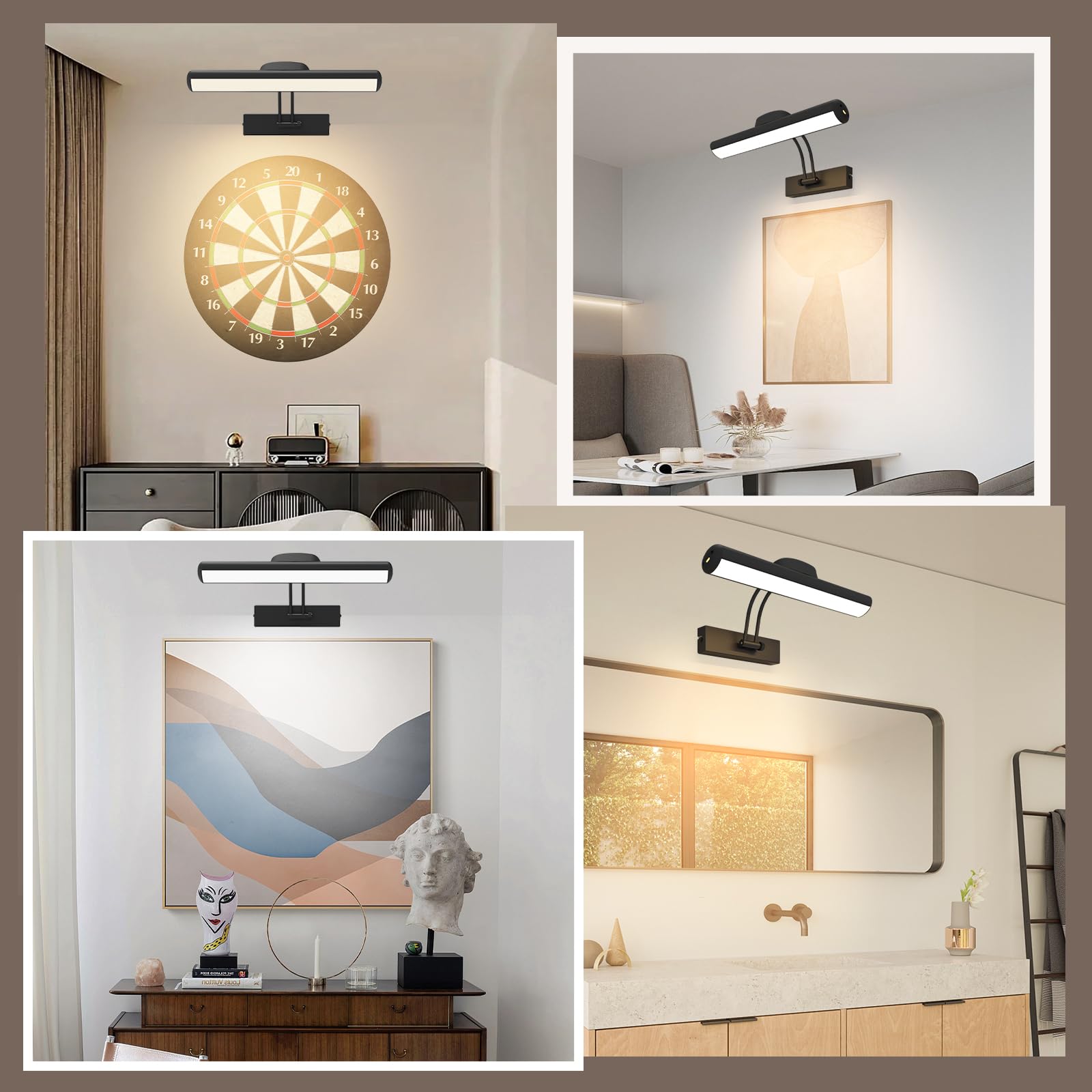 Lampe murale à Télécommande，Eclairage d'un tableau LED sans fil，tête d'éclairage LED rotative avec minuterie,Lampe d'image à bras pivotant à 180 °pour la fresque et les fléchettes.（Noir 32cm）
