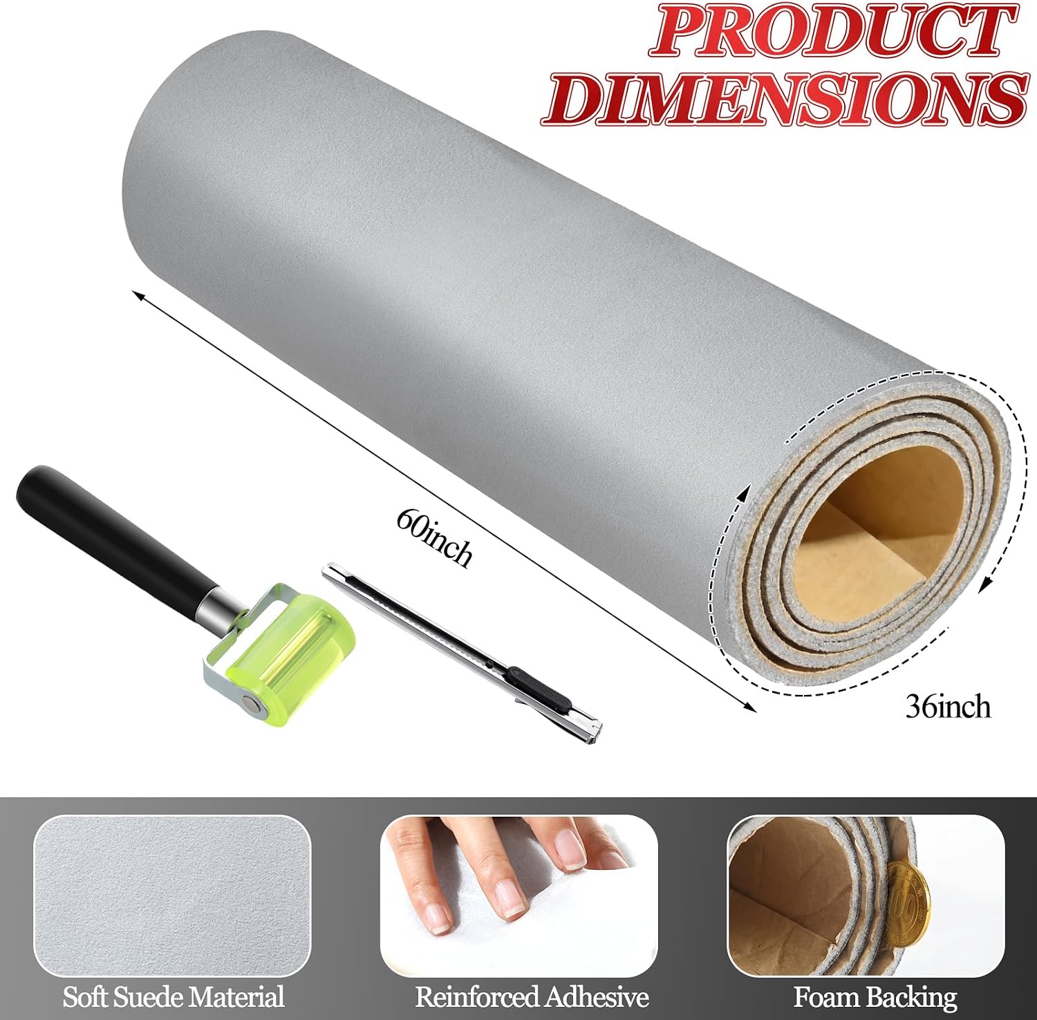 Tegeme Self-Adhesive Automotive Headliner Fabric 36 x 60 Inch Velvet Headliner Replacement with Foam Backing Roof Replacement Material with Roller and Knife for Car Truck SUV RV Roof DIY(Light Gray)