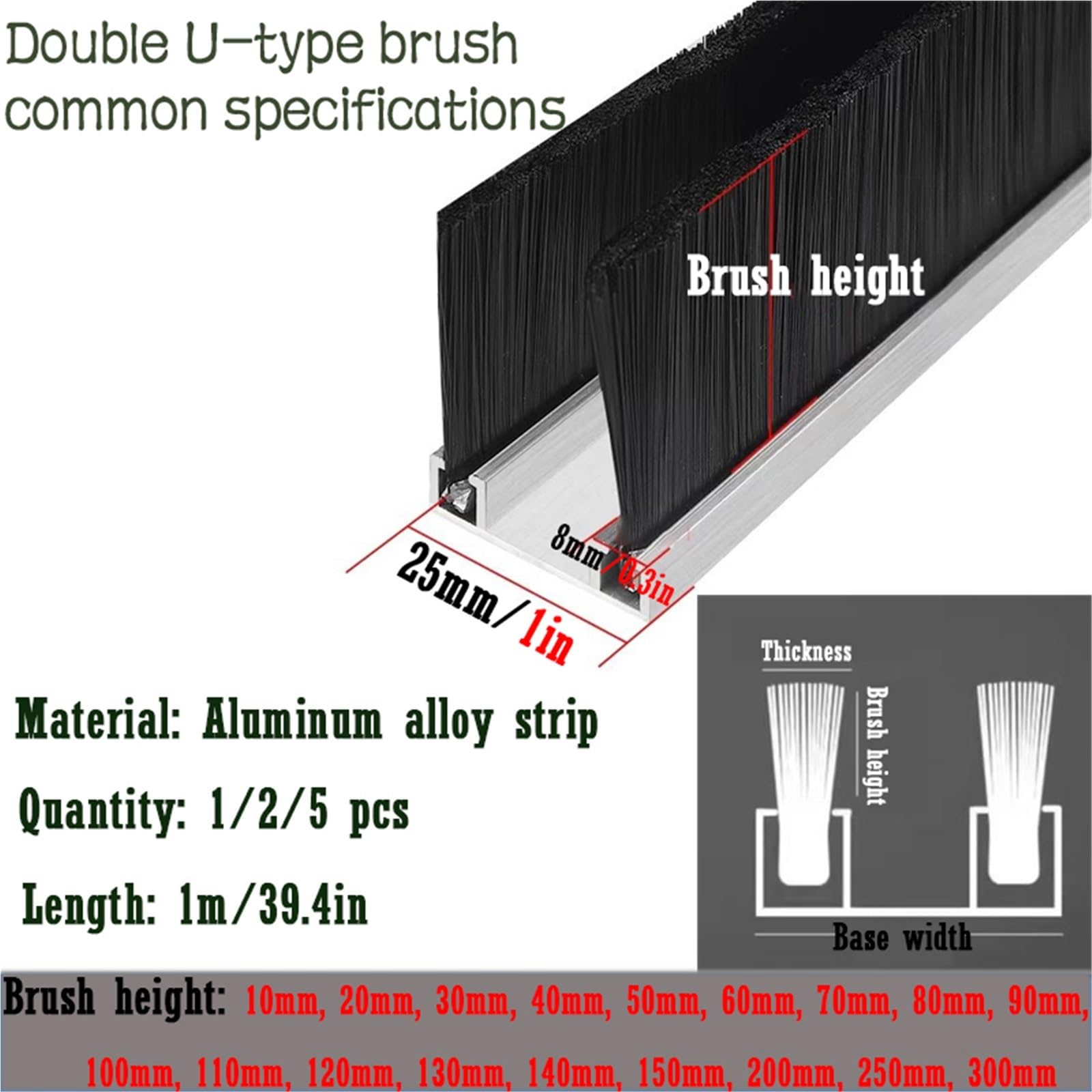 Uszczelka przeciwwiatrowa, Listwa Szczotkowa Dolna Drzwi Ze Stopu Aluminium, 10-300mm, 1/2/5 Szt(2 Pcs,Brush Height 250mm)