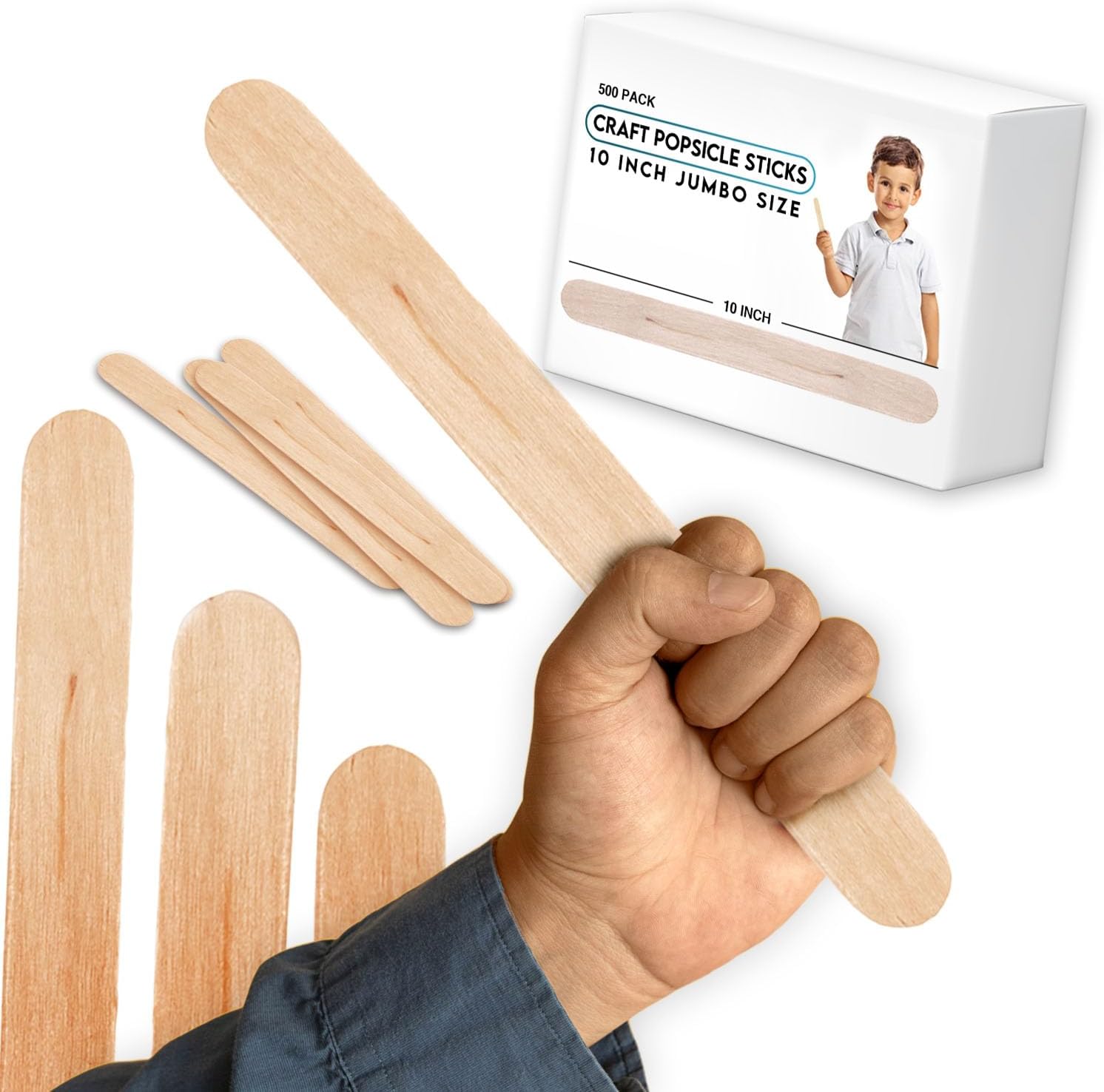 Popsicle Sticks for Crafts | 10-Inch Jumbo Large Wooden Paint Stir Sticks | Tongue Depressors Wood | Wax Epoxy Resin Mixing Sticks (10-Inch 500-Pack, Natural Wood)