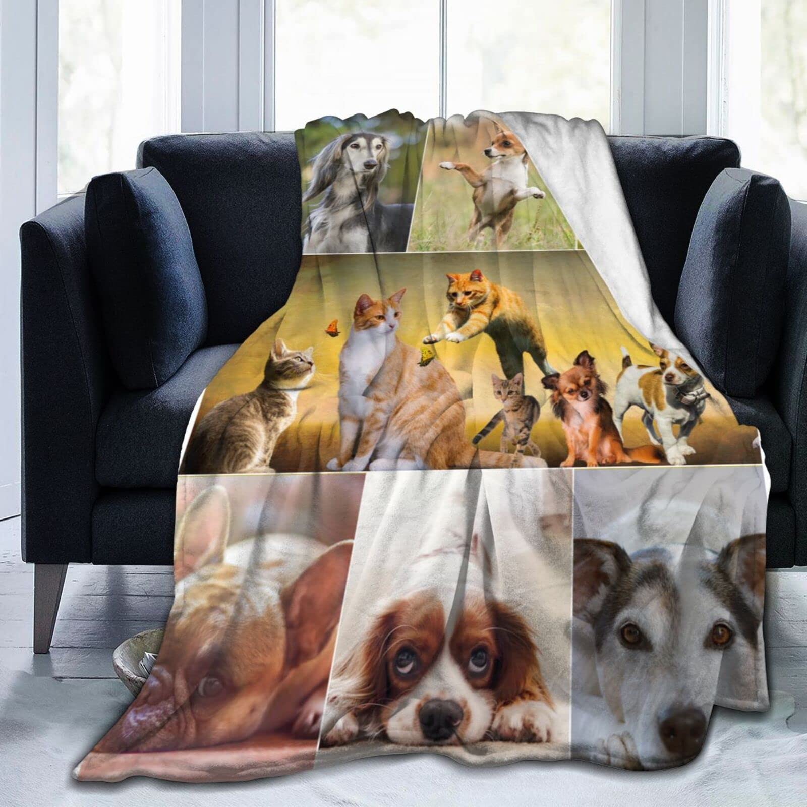 Personalised Blanket with Dog Pets Photos & Names Text for Kids Adults, Customised Memory Blanket with Your Own 7 Pictures Collage, Gifts for Family Boyfriend Girlfriend Wedding Couples,100x125cm
