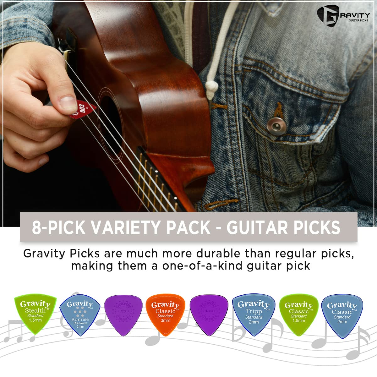 Gravity Plektren für Acryl-Gitarren mit polierten abgeschrägten Kanten für helleren Sound und engeren Halt, 5 Stück Handgefertigt in Kalifornien Variety Pack, Thicknesses, Grip Holes