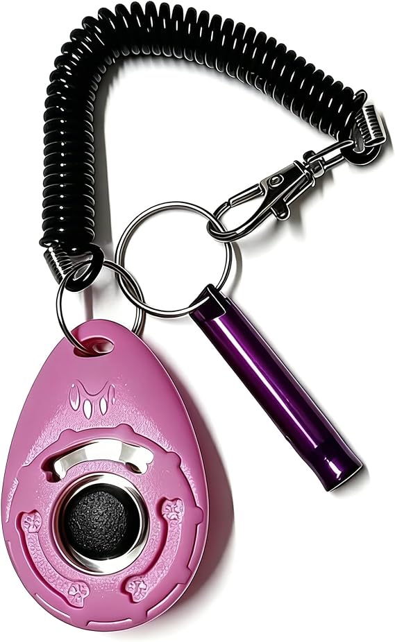 Dog Training Clicker and Whistle Set with Wrist Strap, 2-in-1 Positive Reinforcement Tool for Puppies and Cats, Matte ABS Behavior Correction Device for Recall and Agility Training,Pink