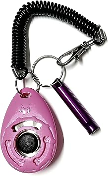 Dog Training Clicker and Whistle Set with Wrist Strap, 2-in-1 Positive Reinforcement Tool for Puppies and Cats, Matte ABS Behavior Correction Device for Recall and Agility Training,Pink