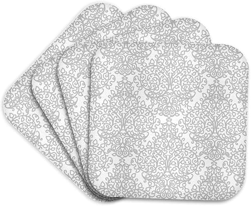 3dRose Gris y Blanco Damasco Gris Elegante Plata Remolino Victoriano Elegante Patrón Tradicional Posavasos Suaves, Juego de 4 (CST_151431_1)