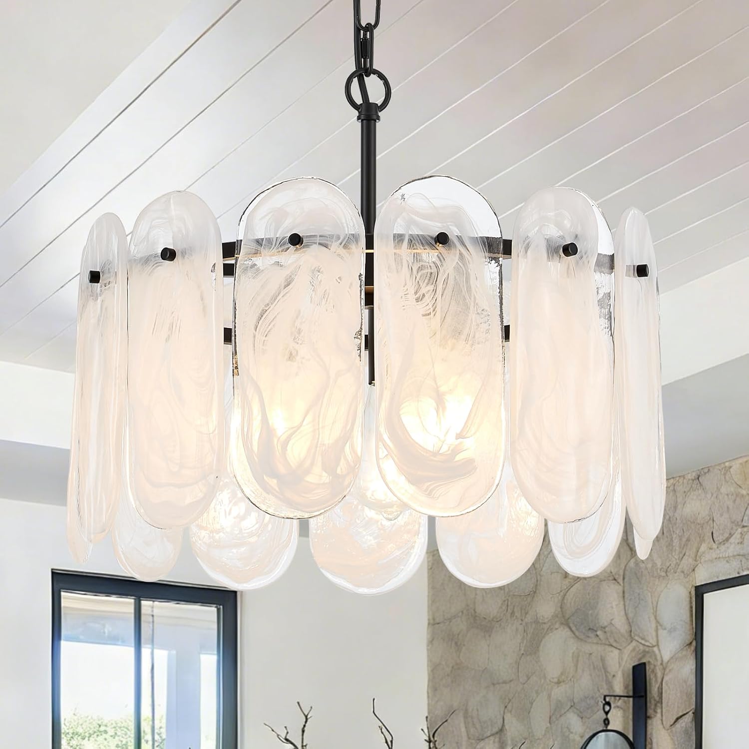 Black Glass Chandelier 18.3’’ Modern Chandelier for Dining Room 3-Light Foyer Light Fixture Drum Flush Mount Pendant Lighting for Bedroom Entryway Living Room Kitchen Island