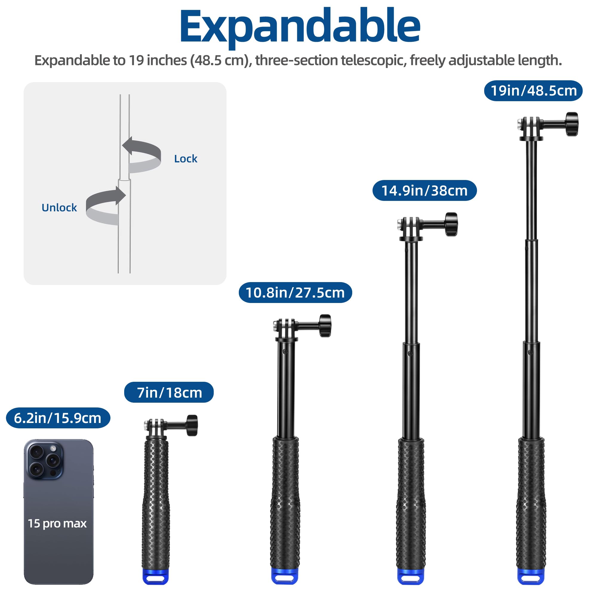 Alsukeay Selfie Stick Extendable Hand Grip Handheld Monopod Aluminum Telescopic Pole (7-19 Inch - View #6