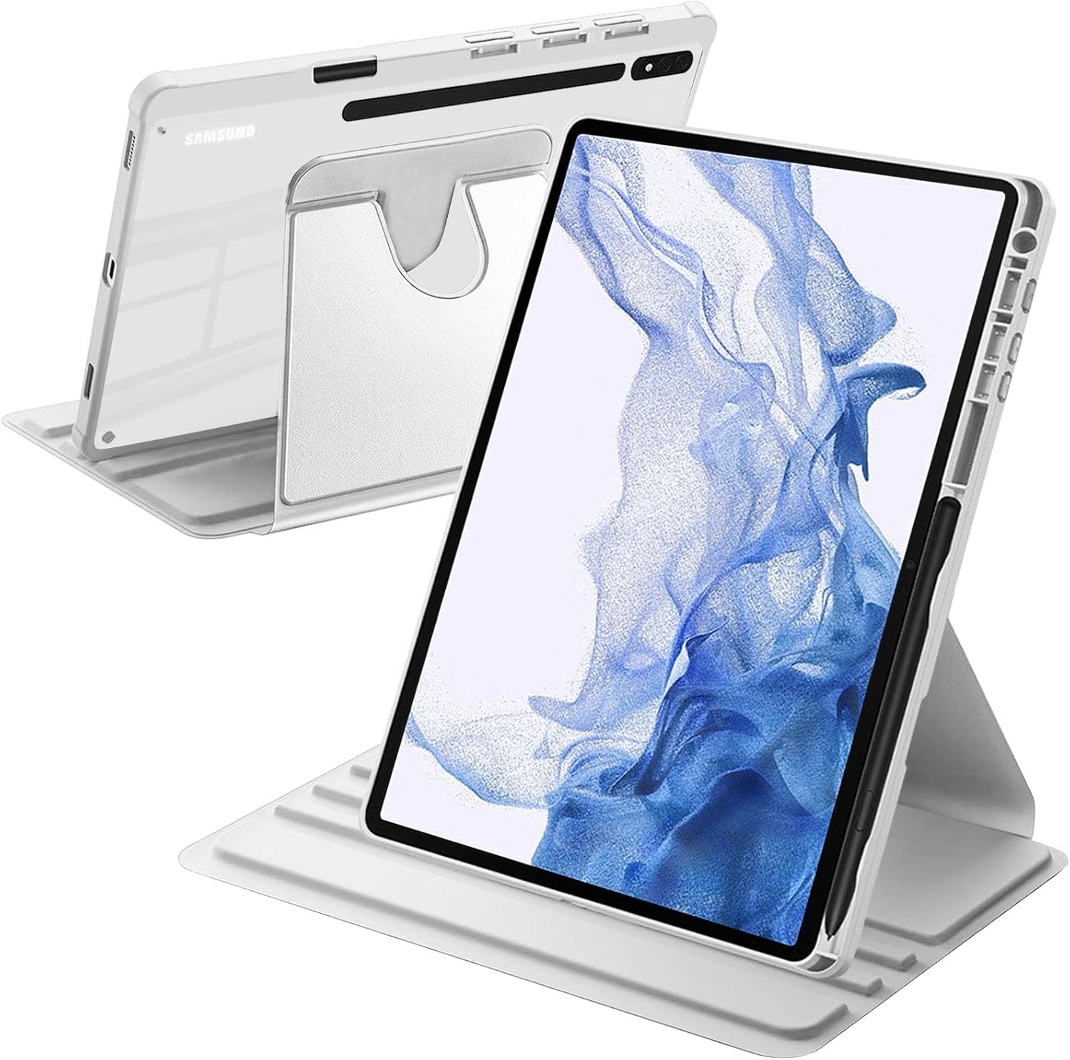 Case for Samsung Galaxy Tab S7 FE/S8 Plus/S7+ 12,4" Silver | with Pencil Holder, 360° Rotation Stand Shockproof Clear Back Cover, Auto Wake/Sleep