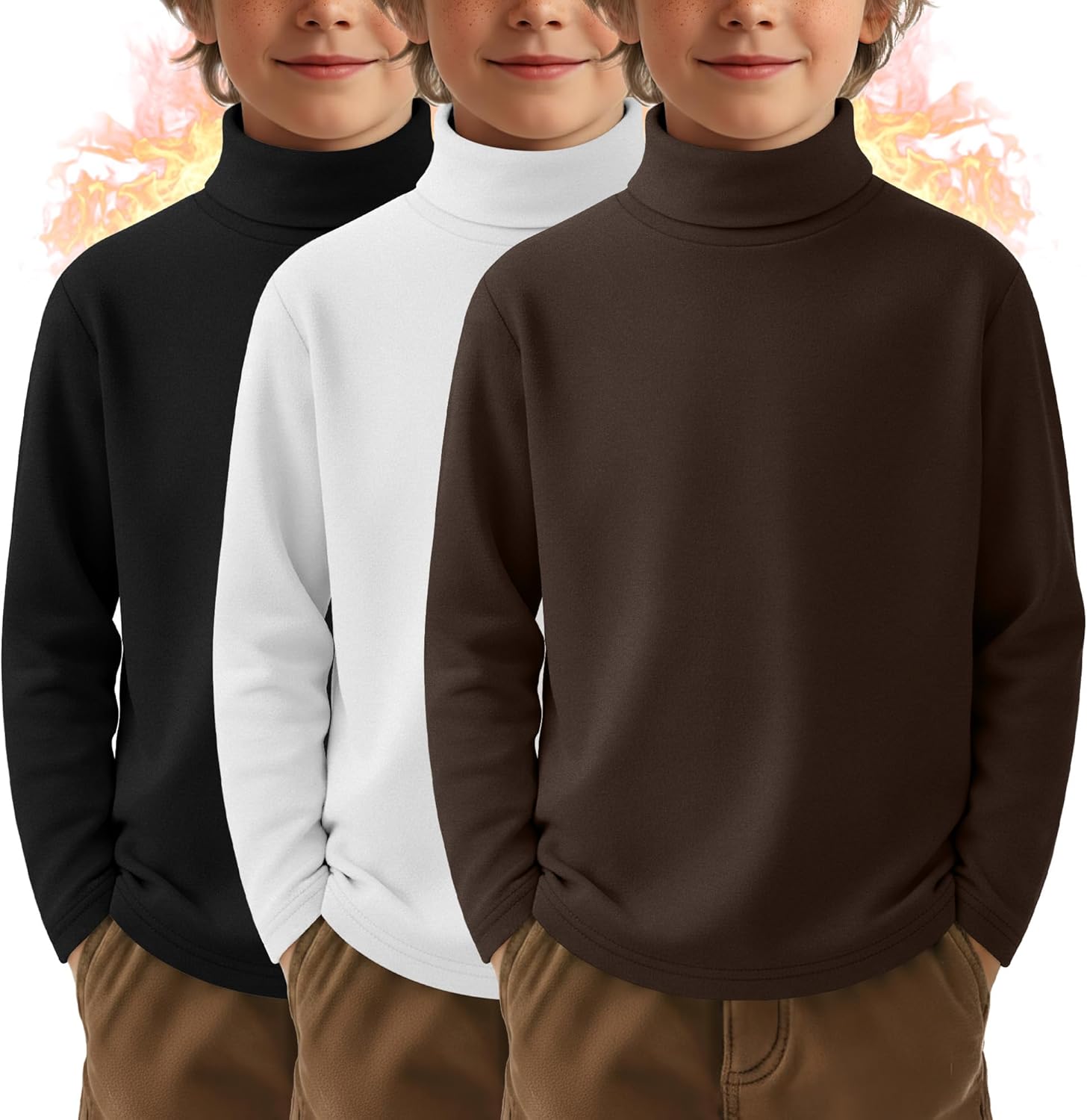 3 Pack Boys Thermal Turtleneck Long Sleeve Fleece Tops, Compression Shirts Youth Basic Layer Warm Undershirt Winter