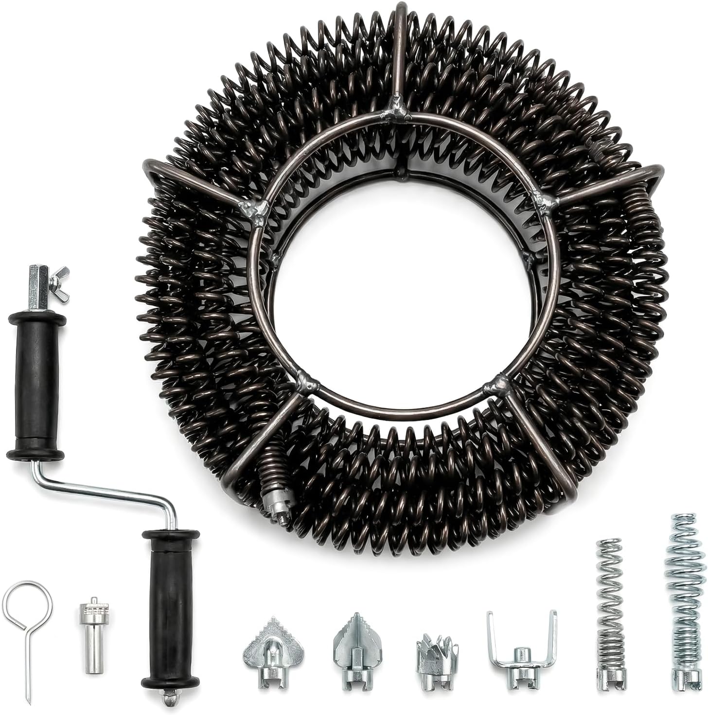 Drain Cleaning Cable, 50 Ft x 5/8" Professional Auger Drain Snake with 6 Cutters Crank Handle for 0.8" to 3.9" Pipes, for Toilet Sewer Shower Kitchen Bathroom Tub Clogged Drains