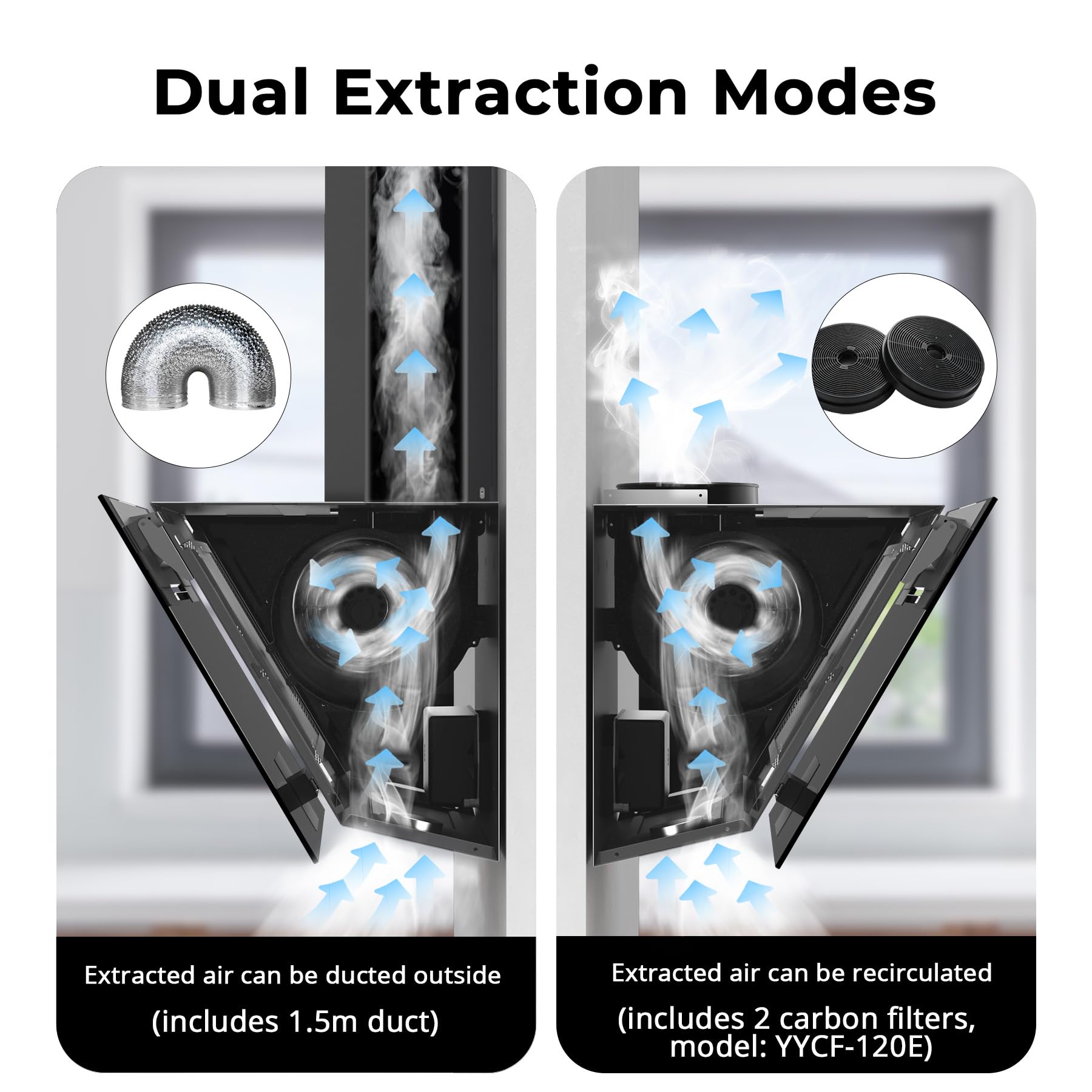 SNDOAS Cooker Hood 60cm, 800 m³/h Kitchen Extractor Fan, Recirculating & Ducting Modes with Carbon Filters, Class A+++ Extractor Hood, Black Glass Touch Control with 3 Speed + Booster — view 7