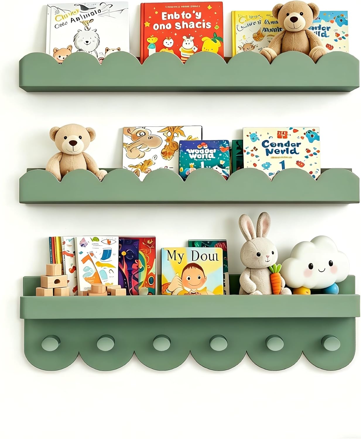 Nursery Book Shelves with Hooks, Scalloped Shelves for Bedroom Set of 3, Kids Bookshelf for Wall, 16Inches, Sage