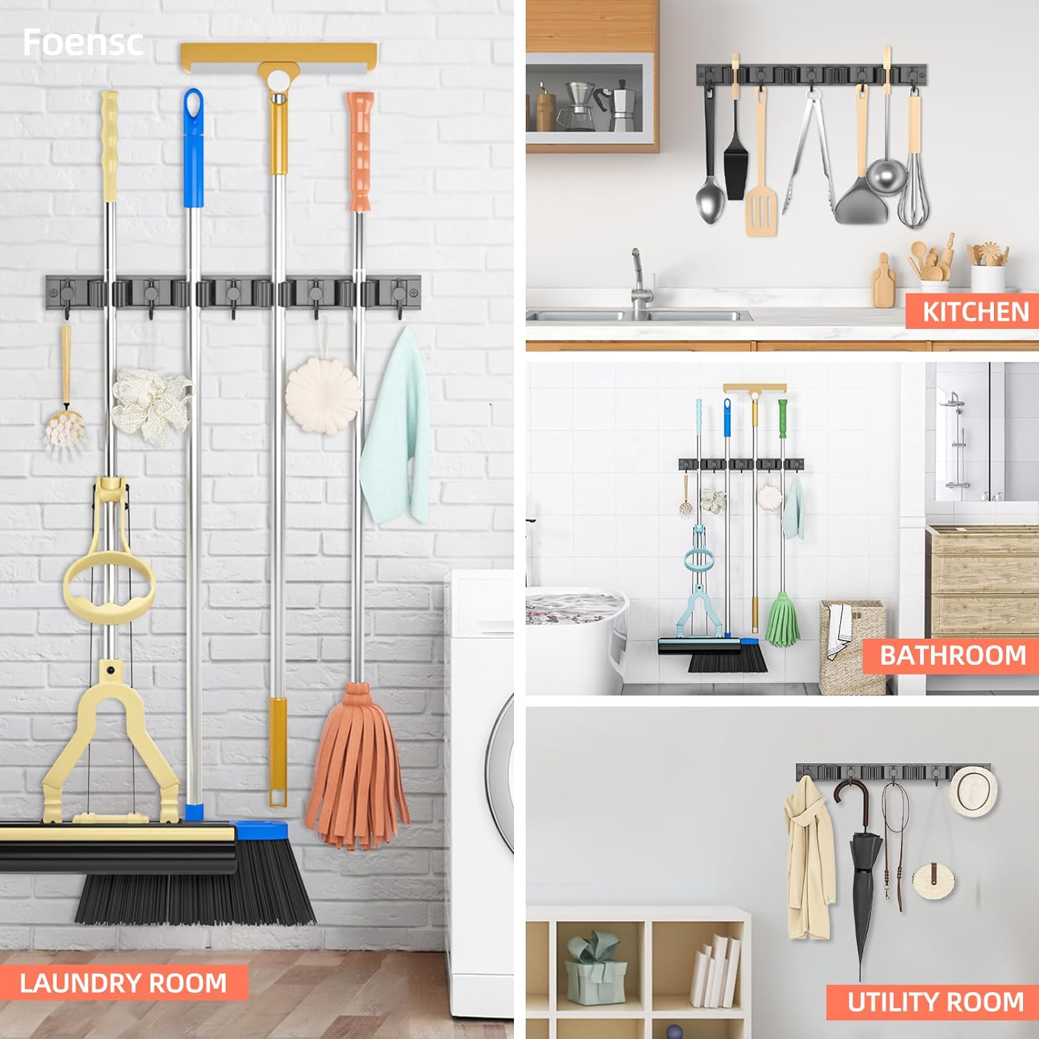 Foensc Broom Holder Wall Mount, Heavy Duty Broom holder, Mop Broom Hanger Organizer for Home Kitchen Garden Laundry Garage, 4 Racks with 5 Hooks, Grey