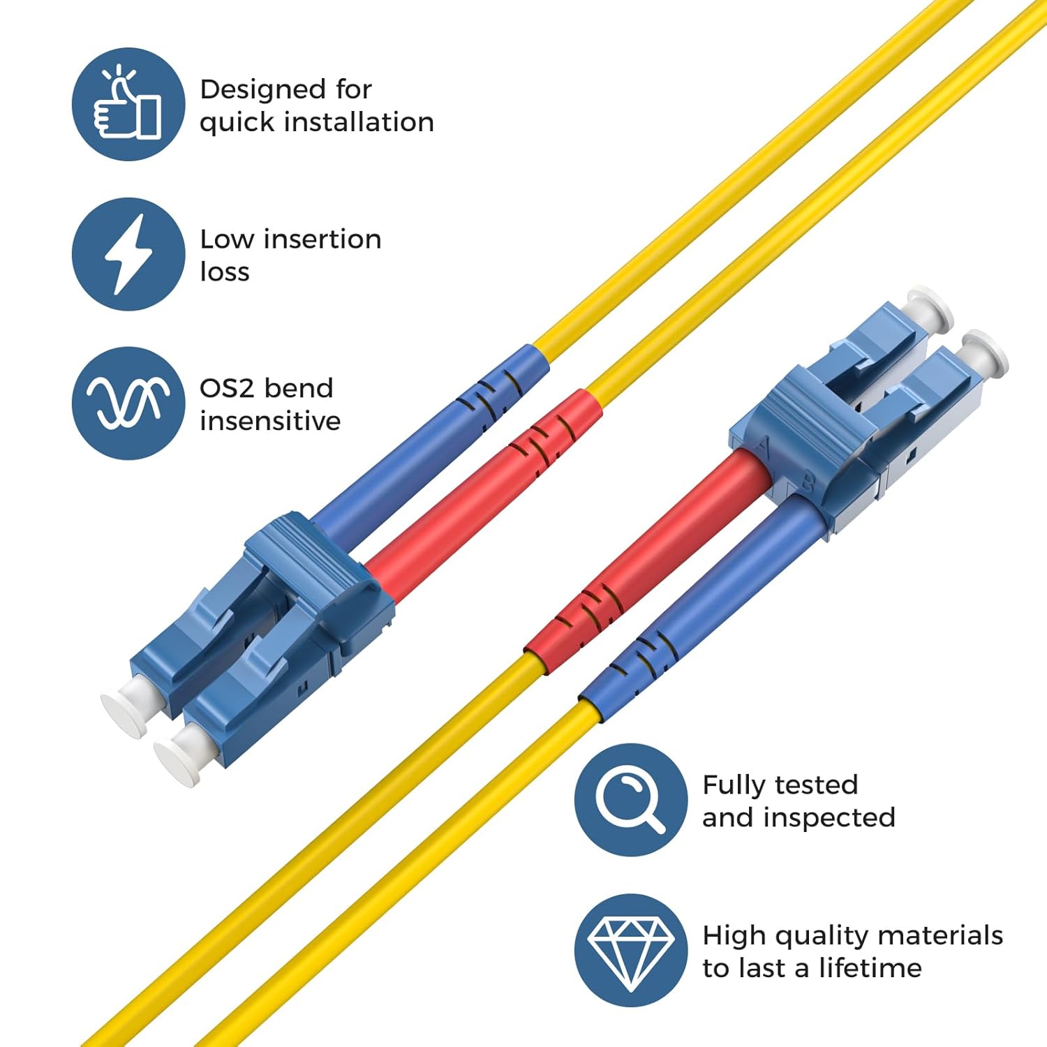 LC to LC Fiber Optic Patch Cable 164FT (50M), OS2 9/125µm Single Mode Duplex Fiber Patch Cord, LC/UPC to LC/UPC, 2.0mm LSZH Jacket, Bend Insensitive, Yellow.