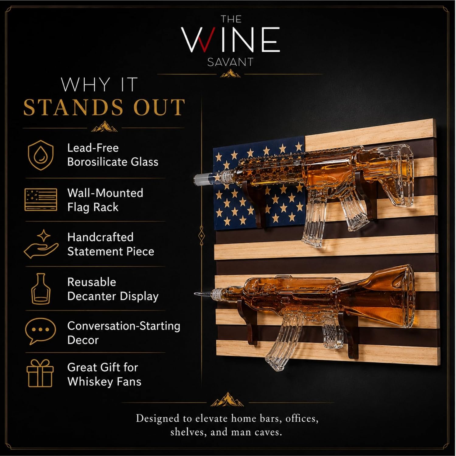 Gifts for Men Dad, Whiskey Decanter Set, 2 Gun Whiskey Decanters Set AR15 and AK47 Gun Decanter 1000ml American Flag Wall Rack - Veteran Gifts, Gun Lover Gifts, Tik Tok Gun Decanter, Military Gifts image 4