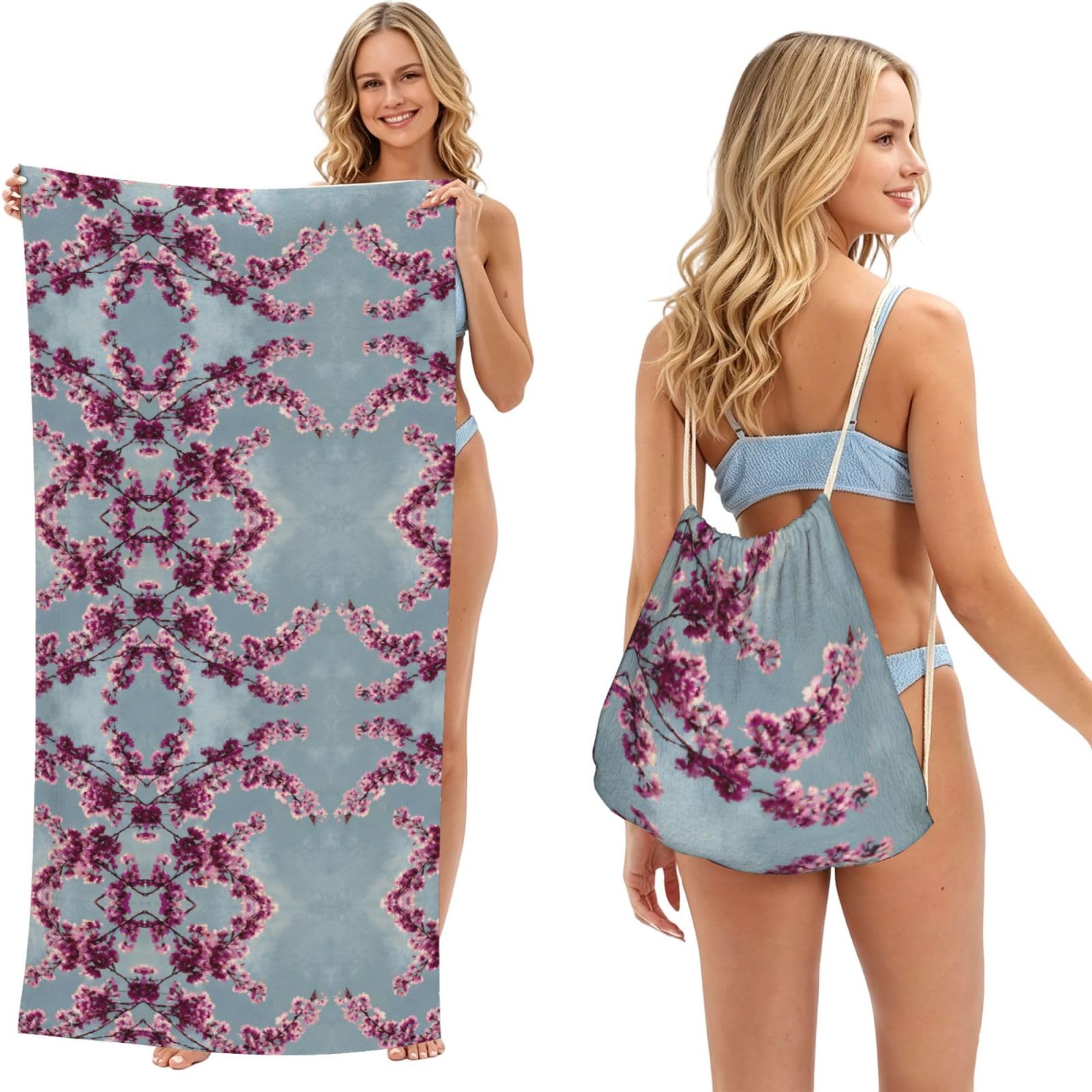 ESNAIUVCD Cherry Blossoms Print Beach Towel For Adults,Towel With Drawstring Bag, Travel Pool Swimming Sports Shower Sand Free Quick Dry Bath Towel For Pool, Beach, Yoga- 180x60cm