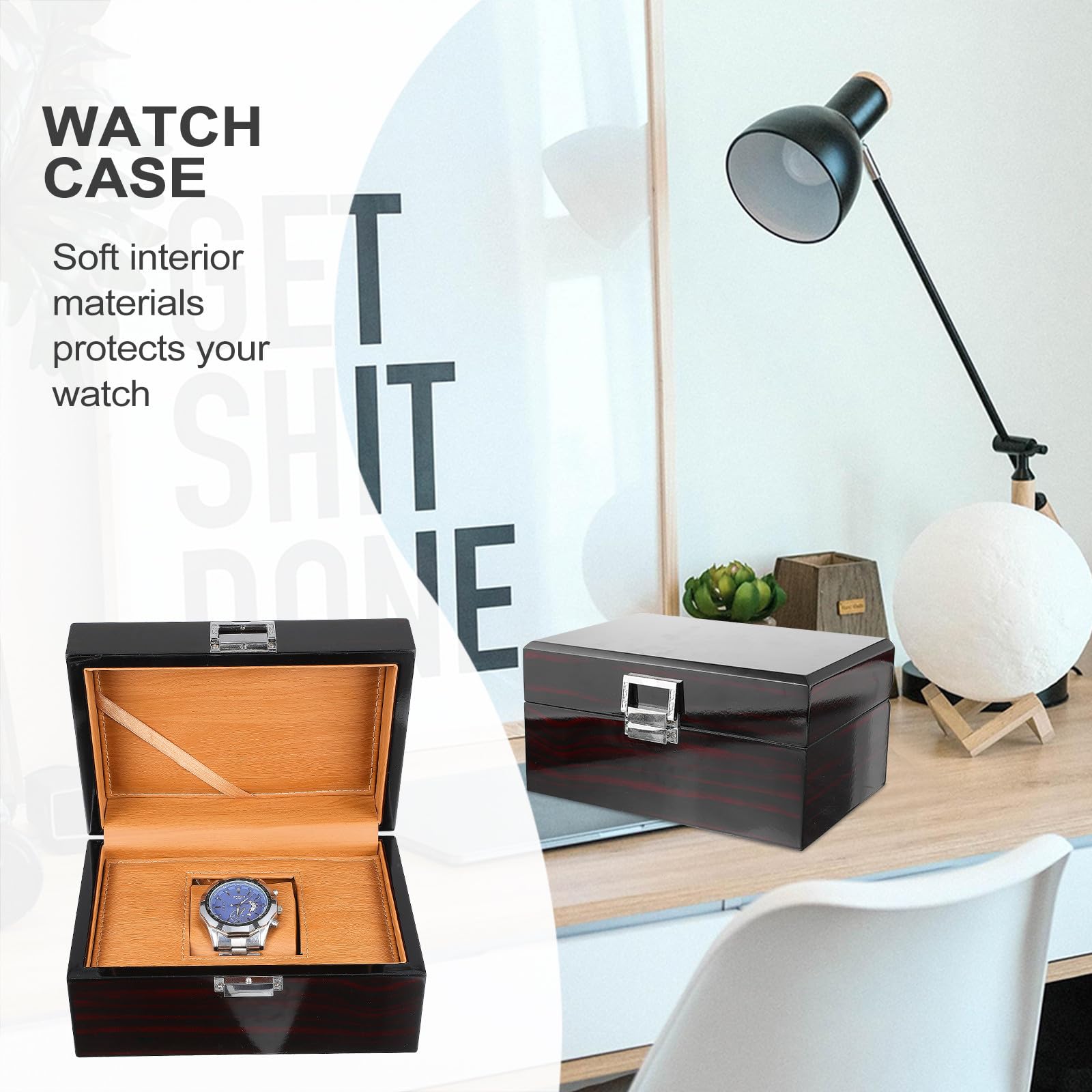 SOLUSTRE Elegante Uhrenbox Wasserfestem Leder mit Feiner Struktur aus Lackiertem Holz und Schmuckaufbewahrungsbox für Stilvolle Uhrenpräsentation Zuhause