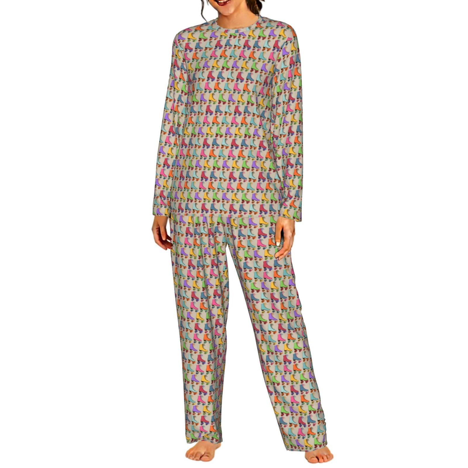 Pattini a rotelle colorati Stampa Donna Manica Lunga Pigiama Set Morbido Elastico Coulisse Casual Daywear
