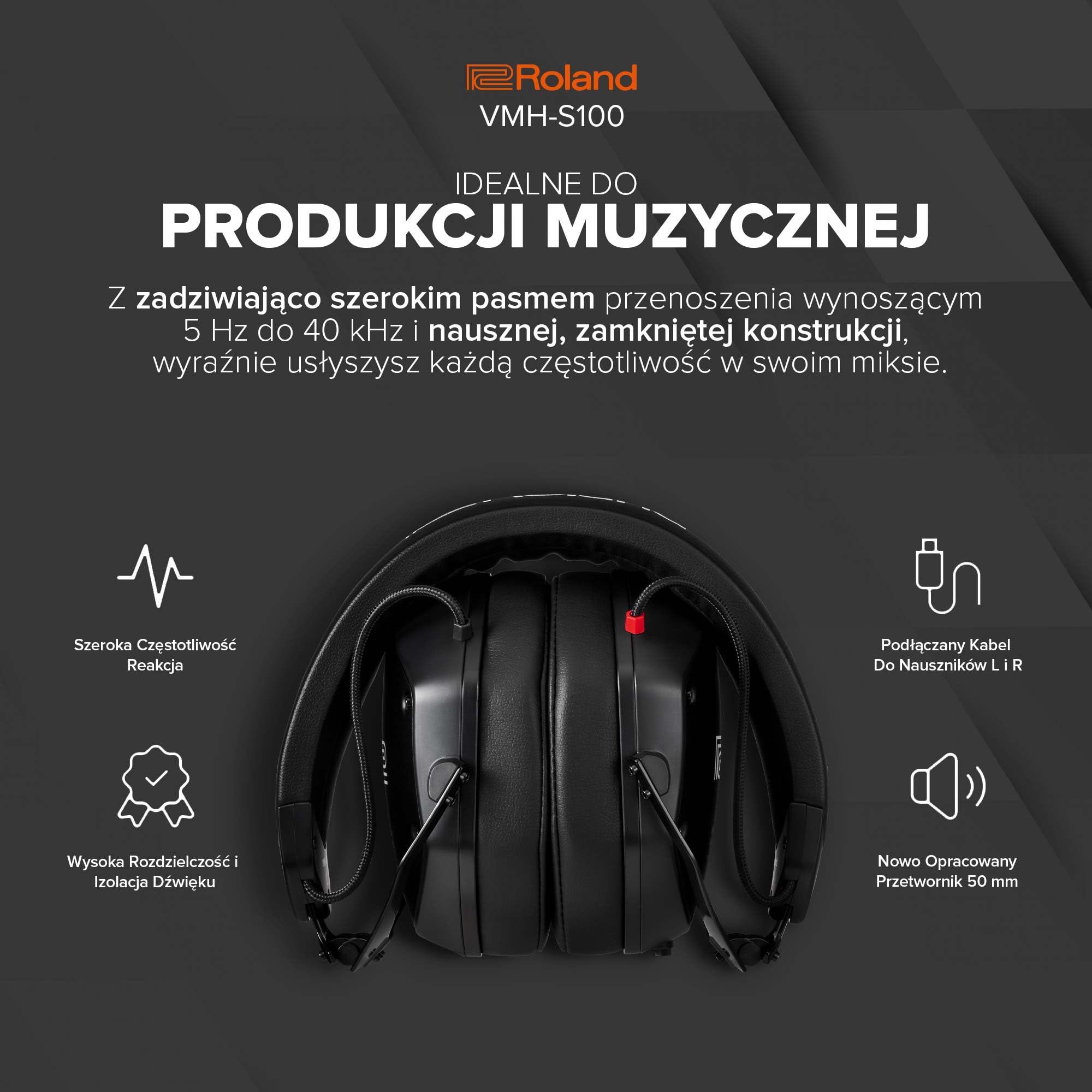 Roland VMH-S100 | Słuchawki Nauszne Hi-Res do Produkcji Muzycznej | Szerokie Pasmo Przenoszenia | Niesamowita Izolacja Dźwięku | Przetwornik 50 mm | Wygodne i Trwałe