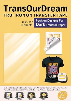 TransOurDream Tru-Iron On Transfer Tape for Inkjet Dark Heat Transfer Paper 10 Sheets, 8.5"x11" Iron On Clear Transfer Tape for Cut & Weeded Printable Heat Transfer Vinyl, Iron on Transfer Mask