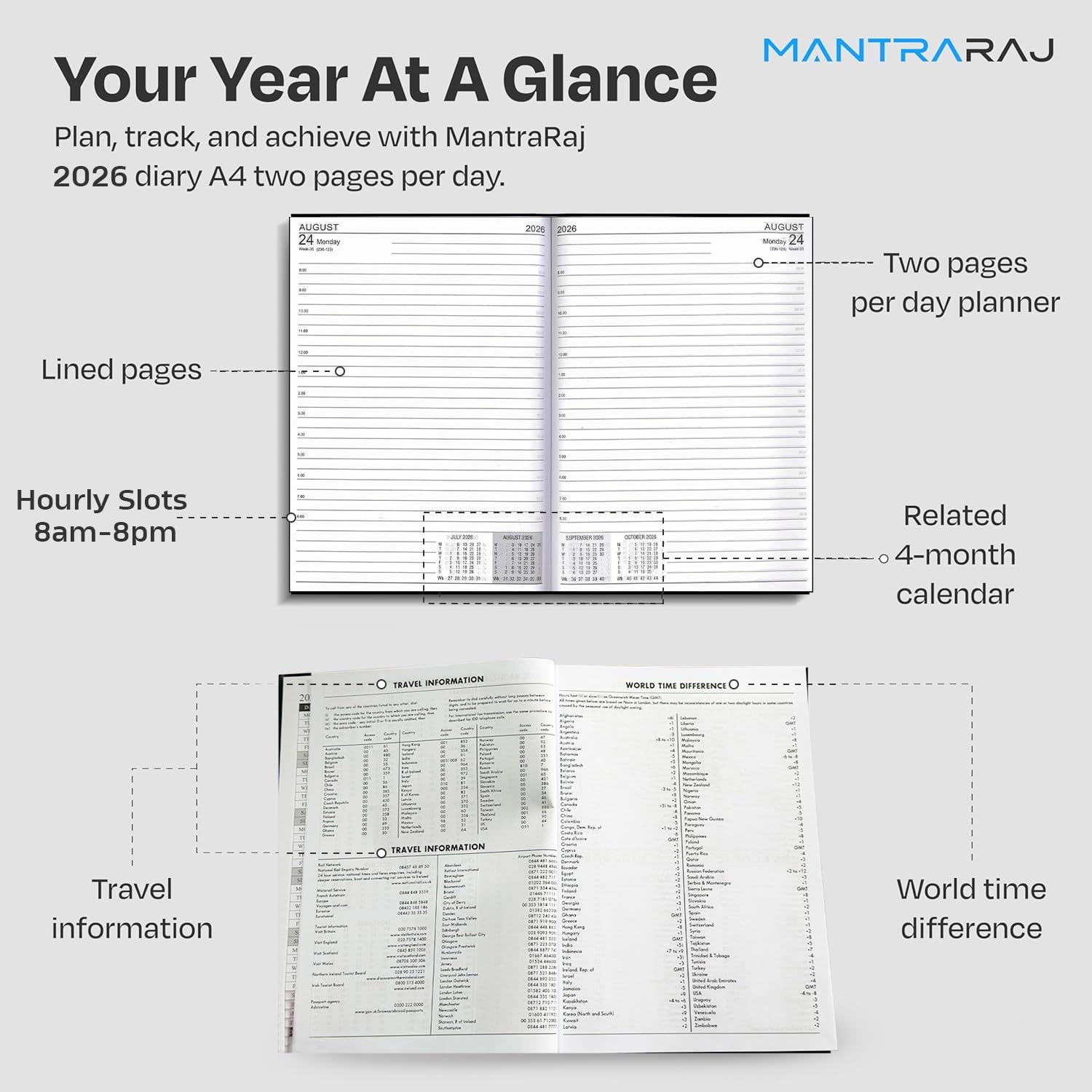 MantraRaj, agenda 2023, formato A4, 2 pagine al giorno, agenda per appuntamenti, agenda da ufficio, lavoro, casa, viaggi, organizzazione, appuntamenti (nero)