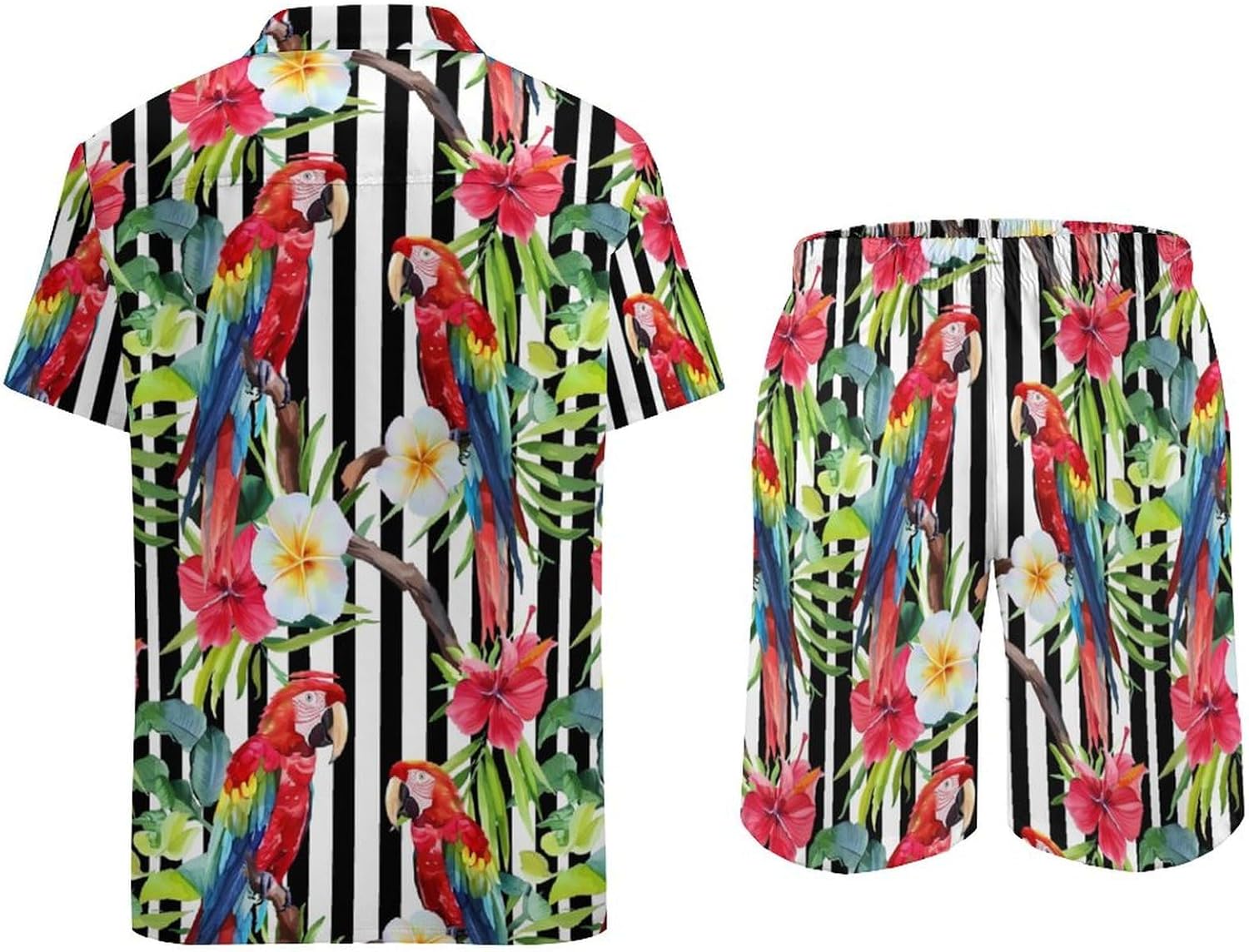 Macaw Parrot Flowers Men's Summer Beach Outfits Shirt And Shorts Set 2 Piece Vacation Swimwear