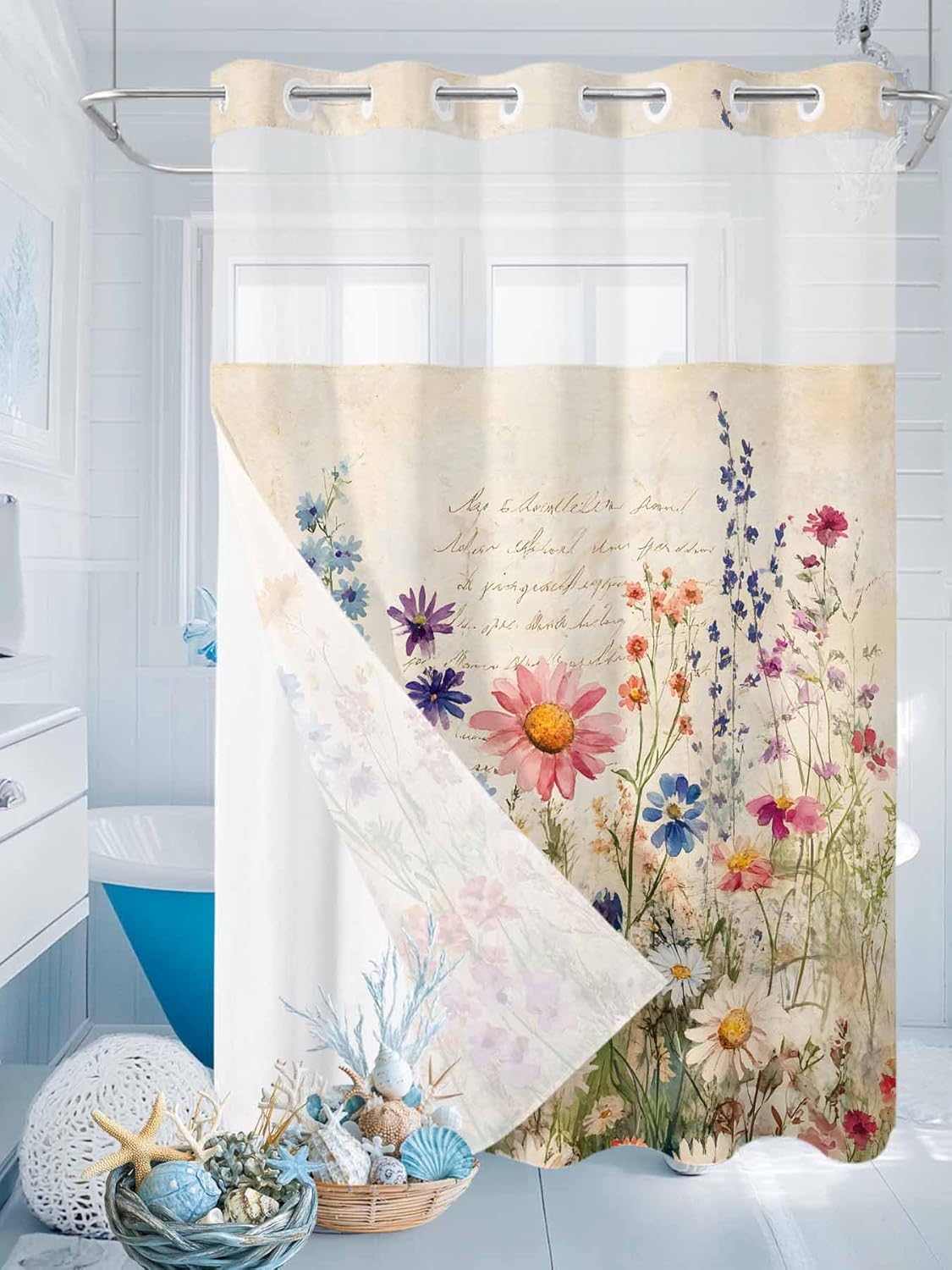 No Hook Shower Curtain with Snap in Liner, Spring Summer Flower Vintage Waterproof Fabric Bathroom Curtain Mesh Top Window Washable, Floral Wildflowers Colorful 72" x 84"