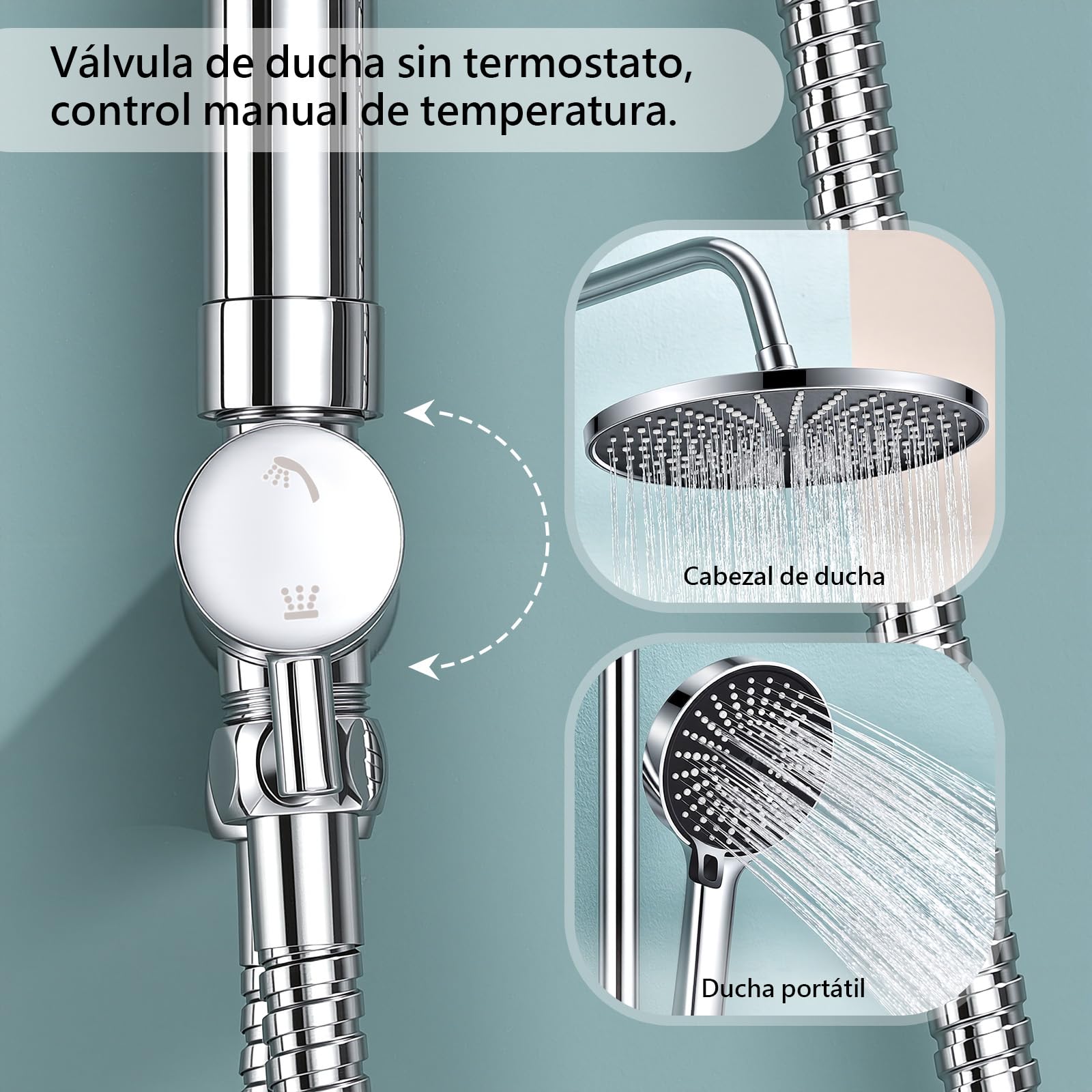 Kit de ducha sin grifería ajustable en altura Ducha de lluvia redonda 26 cm y ducha de mano 3 chorros Acero inoxidable instalación rápida