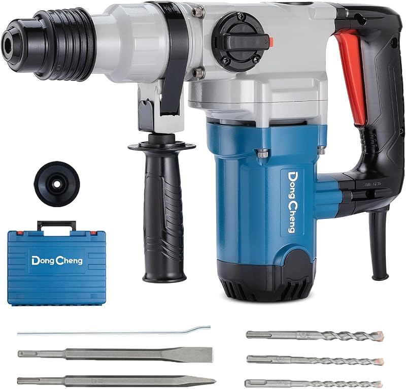 DongCheng 1-1/8 Inch SDS-Plus Rotary Hammer with 9.2A Motor, 3.6J Impact Energy, 5,000 BPM for Concrete & Demolition, Includes 3 Drill Bits, 2 Chisels, Case (Safety Clutch, 110V)