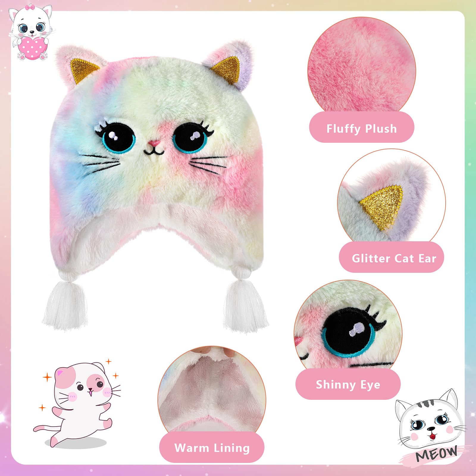 Chat Ensemble Bonnet et Gants Fille, 3PCS Bonnet Chat et Mitaine Enfant Filles de 3 à 10 ans, Bonnet Enfant Hiver Fille et Gants, Ensemble et Mitaines Bonnet Oreille de Chat Accessoires Chaud D'hiver