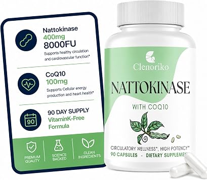 Nattokinase Supplement Vitamin K2 Free | Nattokinase 8000 FU and CoQ10 100mg for Heart* & Circulation | 400mg Natto Enzyme, 8000 FU per Serving, 90 Capsules 90 Day Supply