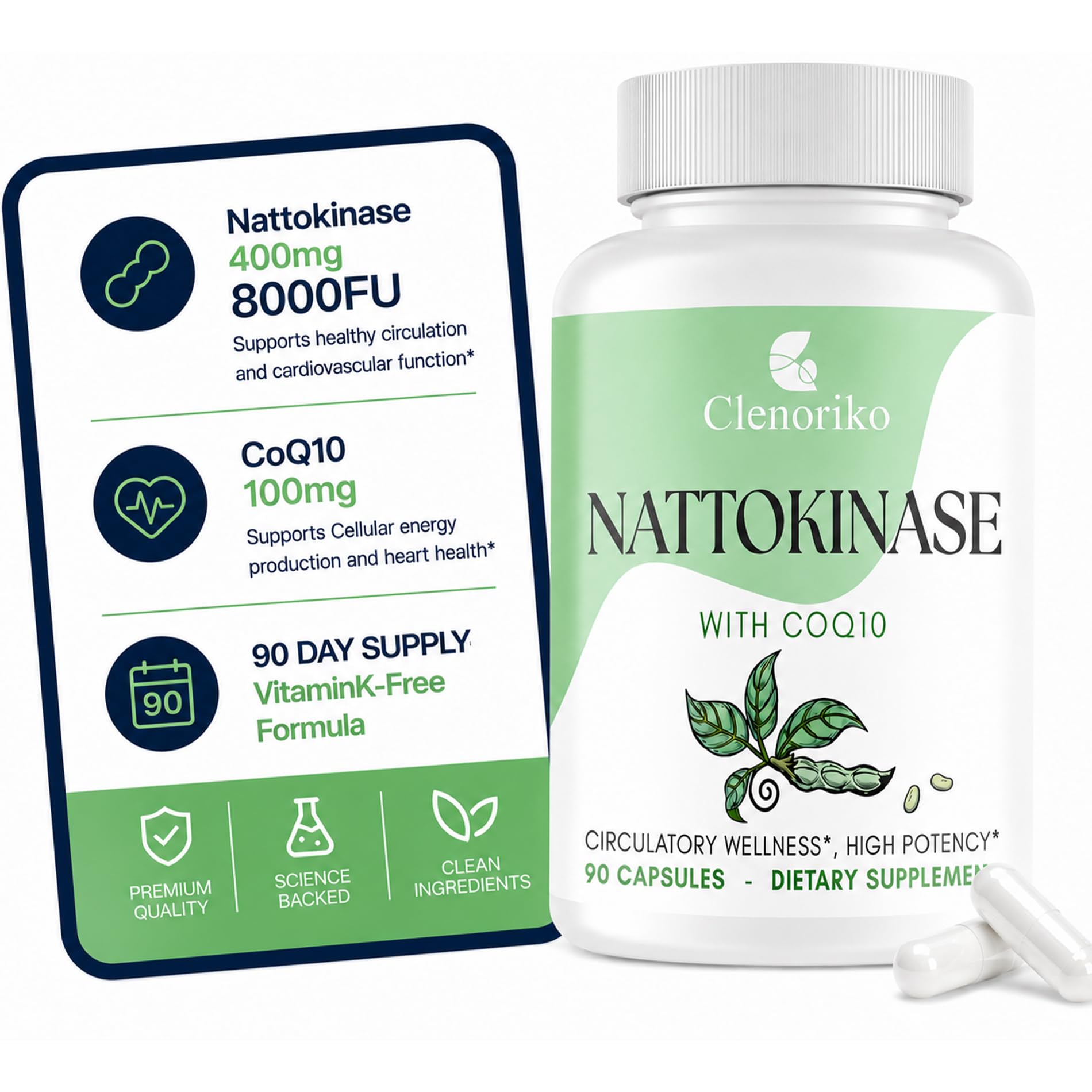 Clenoriko Suplemento para circulação com nattokinase e CoQ10 400 mg, 8.000 FU, 100 mg, 90 cápsulas