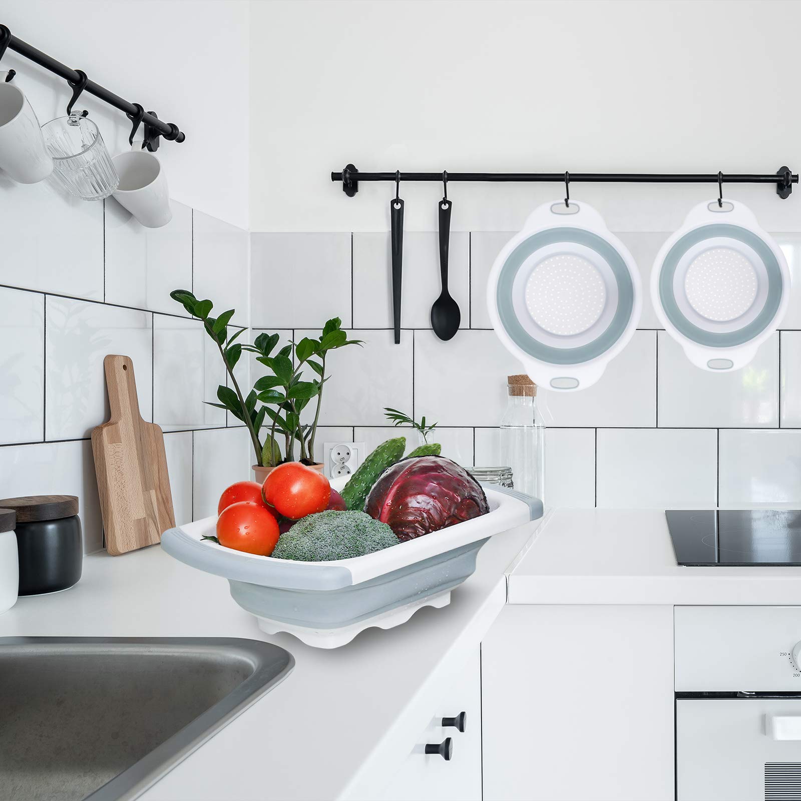 2 pièces Passoire pliable,Économisez de l'espace dans la cuisine,Corbeille à fruits portable,avec 2 crochets pour autocollants muraux solides (vert