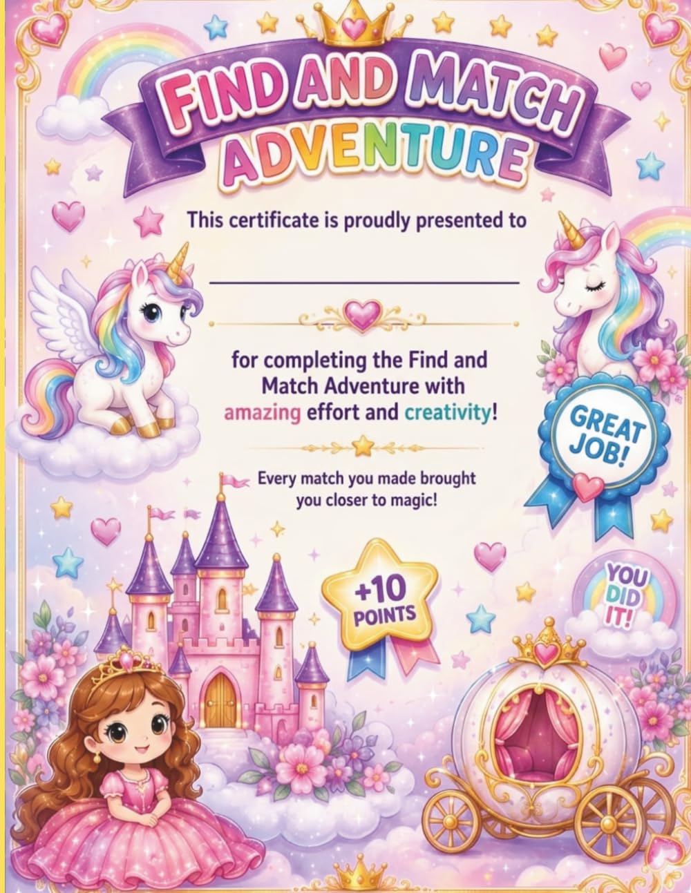 Unicorn Princess Find and Match Adventure Activity Book for Kids Ages 4-8: Fun Learning Games, Matching Activities & Bonus Certificate