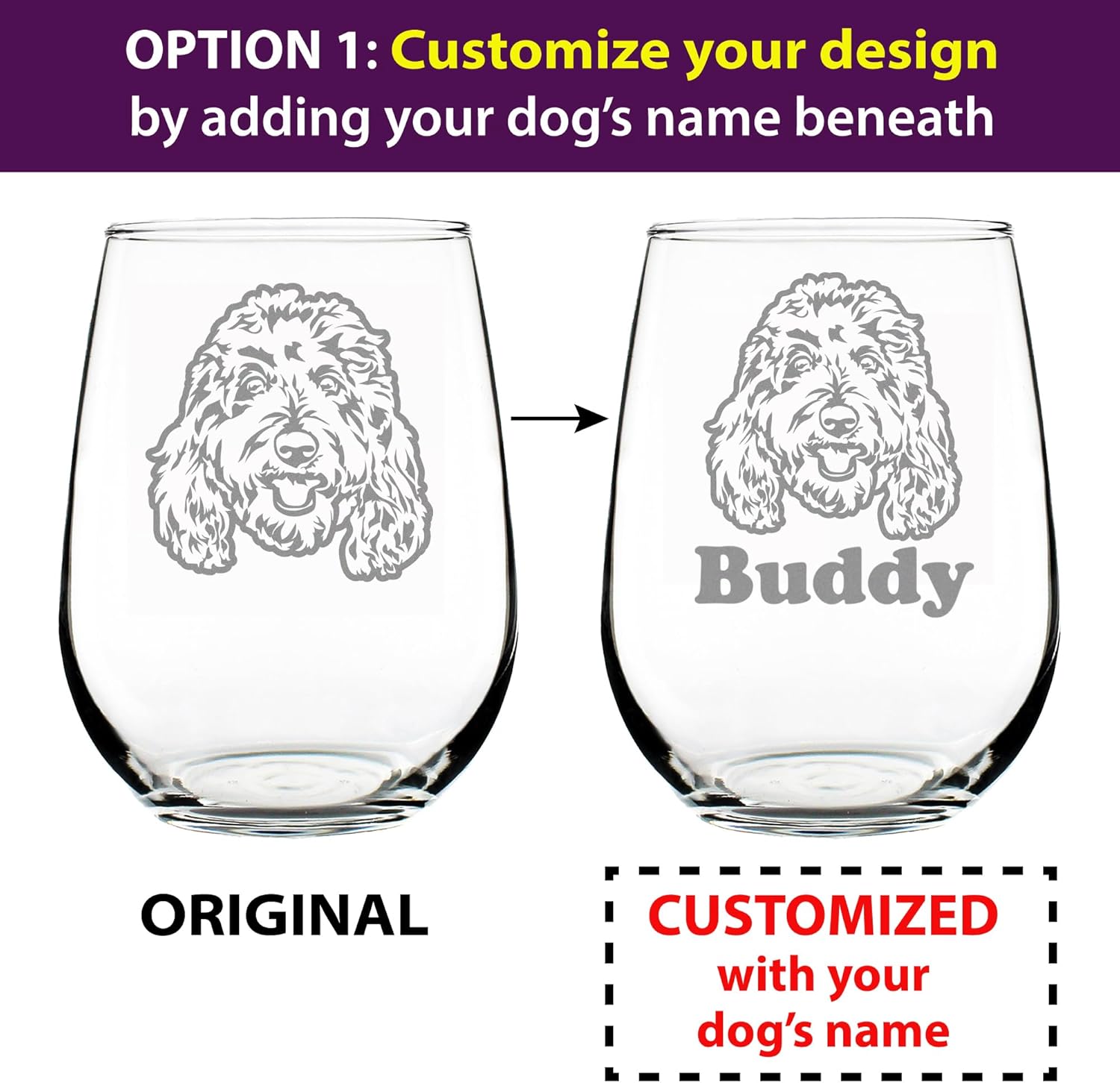 Custom Golden Doodle Face - Stemless Wine Glass - Goldendoodle Gifts for Women & Men - Large 17 Ounce Glasses - Customized Glasses