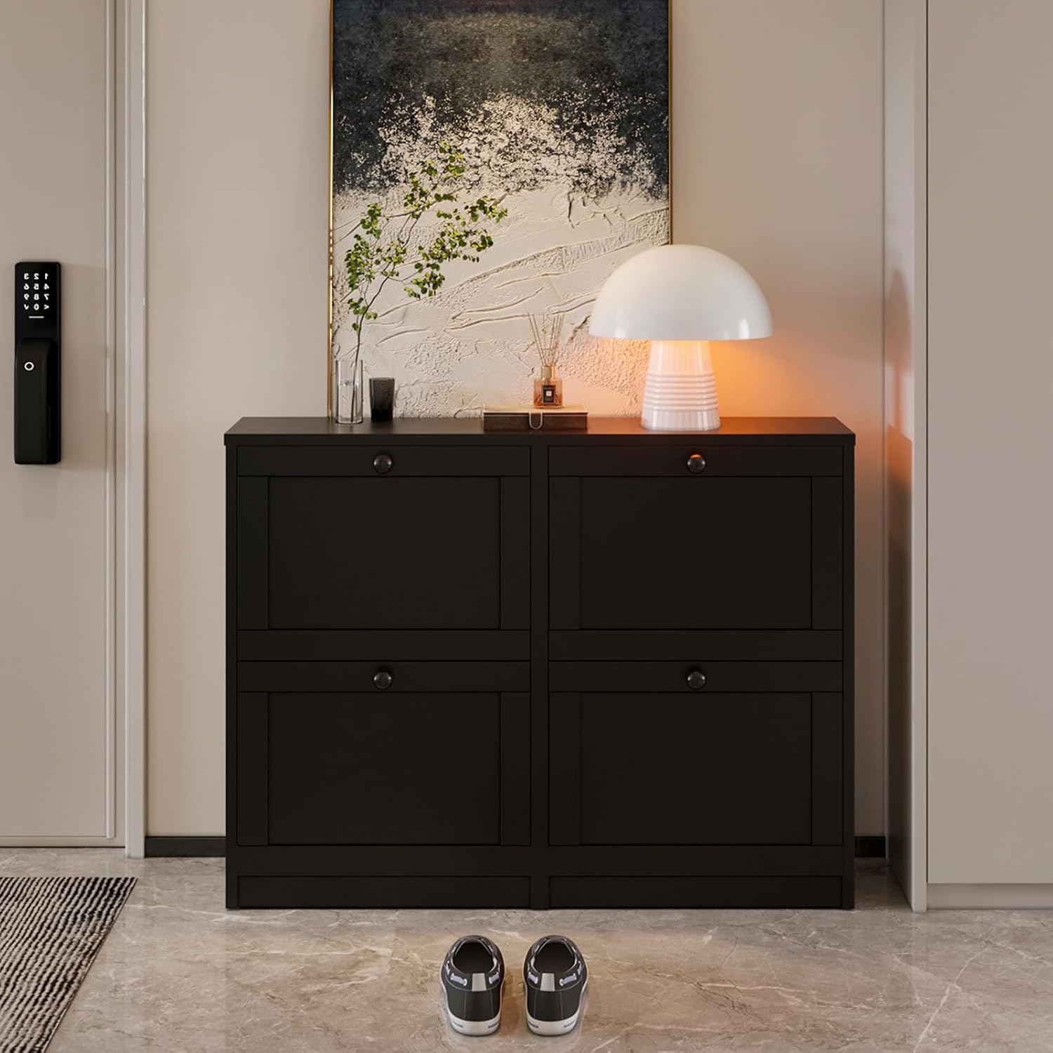 VOWNER Shoe Cabinet with 4 Flip Drawers, Freestanding Shoe Storage Cabinet with Adjustable Shelf & Anti-Tipping Device, Shoe Rack for Entryway, Hallway, Living Room (Black)