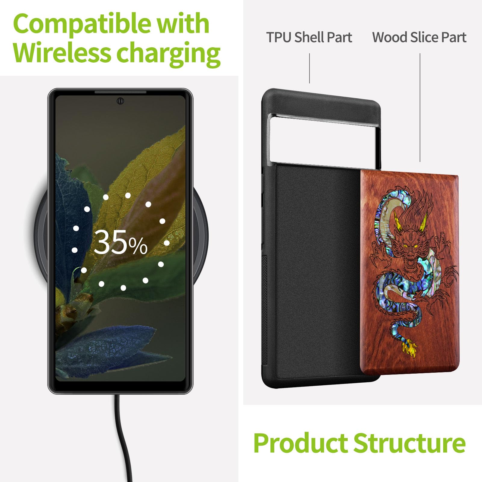 Carveit Bois et Coque pour Google Pixel 7, (Rosé-Le Dragon Oriental)