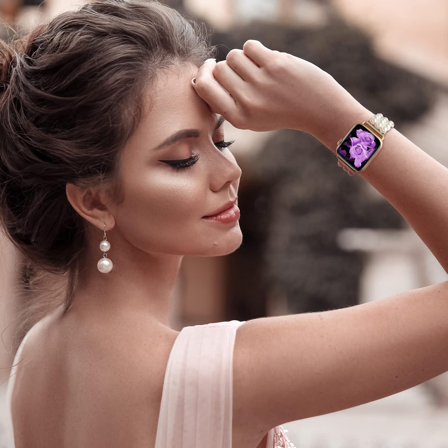 Adjustable Elastic Pearl Beaded Band Compatible with Apple Watch 38mm 40mm 41mm, Woman Chic Diamond Metal Chain Solo Loop Stretch Bracelet Strap Replacement for iWatch Series 9 8 7 6 5 4 3 2 SE - Image 8