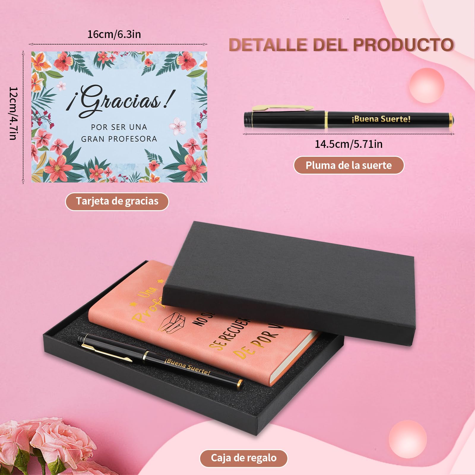 Echehi Regalo Profesora Infantil, con Cuaderno Profesora, Pluma de la Suerte, Tarjeta y Caja de Regalo, Regalos Originales Para Profesoras