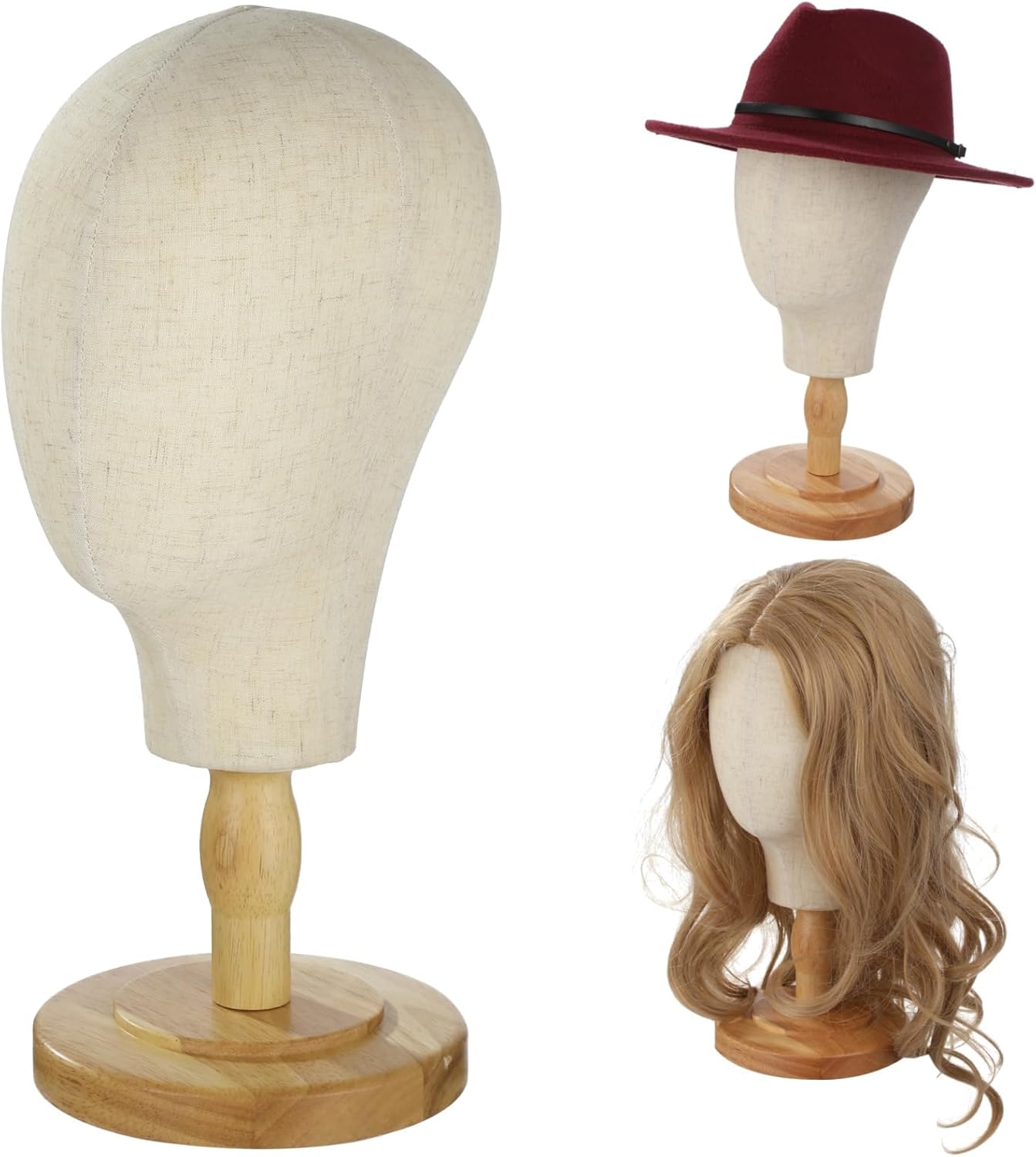 White Mannequin Head Stand Canvas Wig Head Stand with Detachable Wood Stand Linen Cloth Wig Head Stand for Caps, Headdress, Wig Making