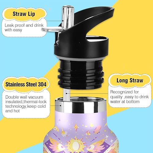 Miniatura 3 de Butterfly Purple Golden Leakproof and BPA Free Kids' Metal Water Bottle with Straw Double-Wall Vacuum Insulation for School Boys Girls