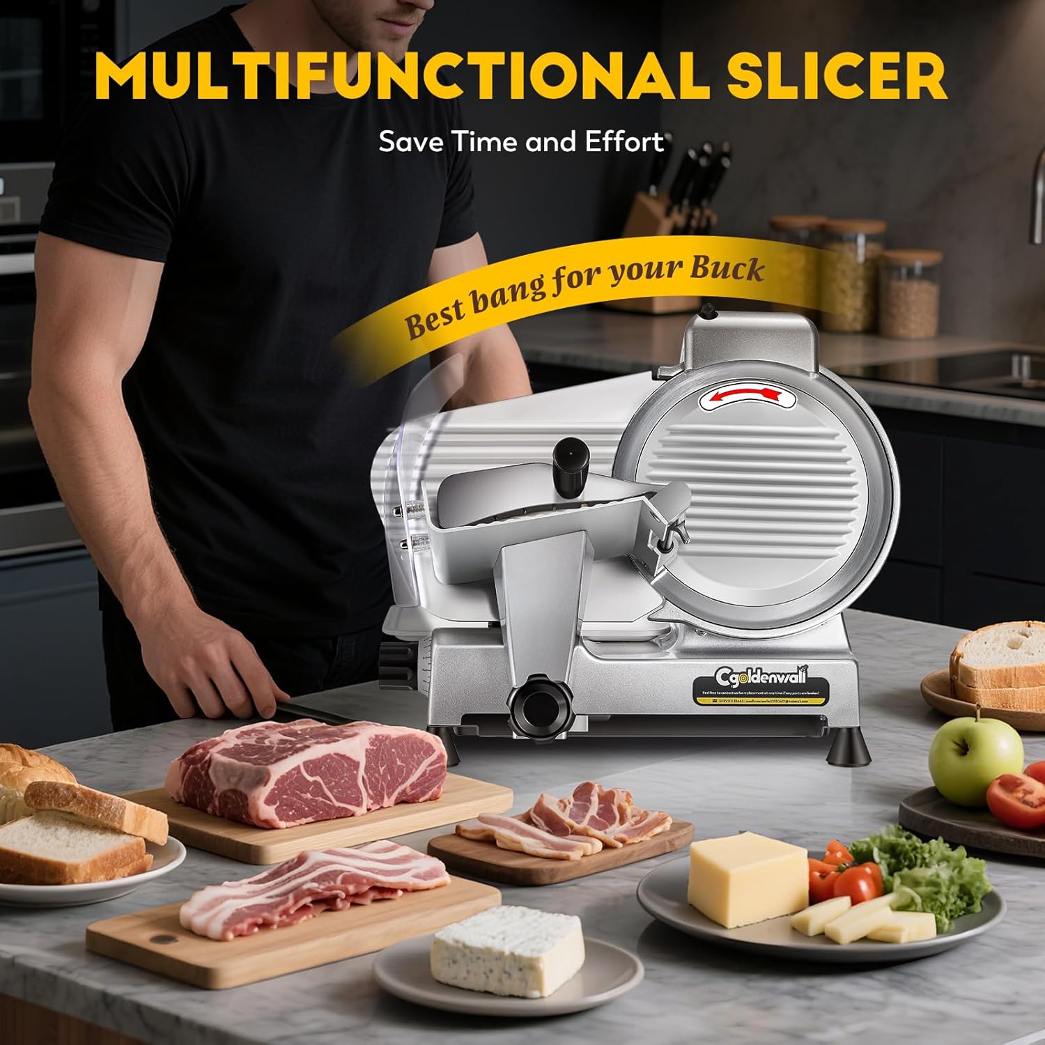 CGOLDENWALL Meat Slicer, 240W Electric Deil Food Slicer with 2 Removable 10" Blades, 0-1/2" Adjustable Thickness Semi-Auto Frozen Meat Slicer for Home & Commercial, Copper Motor Low Noise Durable