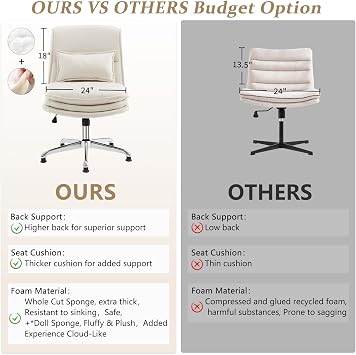 VINGLI Cloud Criss Cross Legged Chair,18 High Back Armless Home Office Desk Chair no Wheel,Wide Adjustable Comfy Padded Seat Task Computer Chair,Modern Swivel Makeup Vanity Chair,Microfiber,Beige