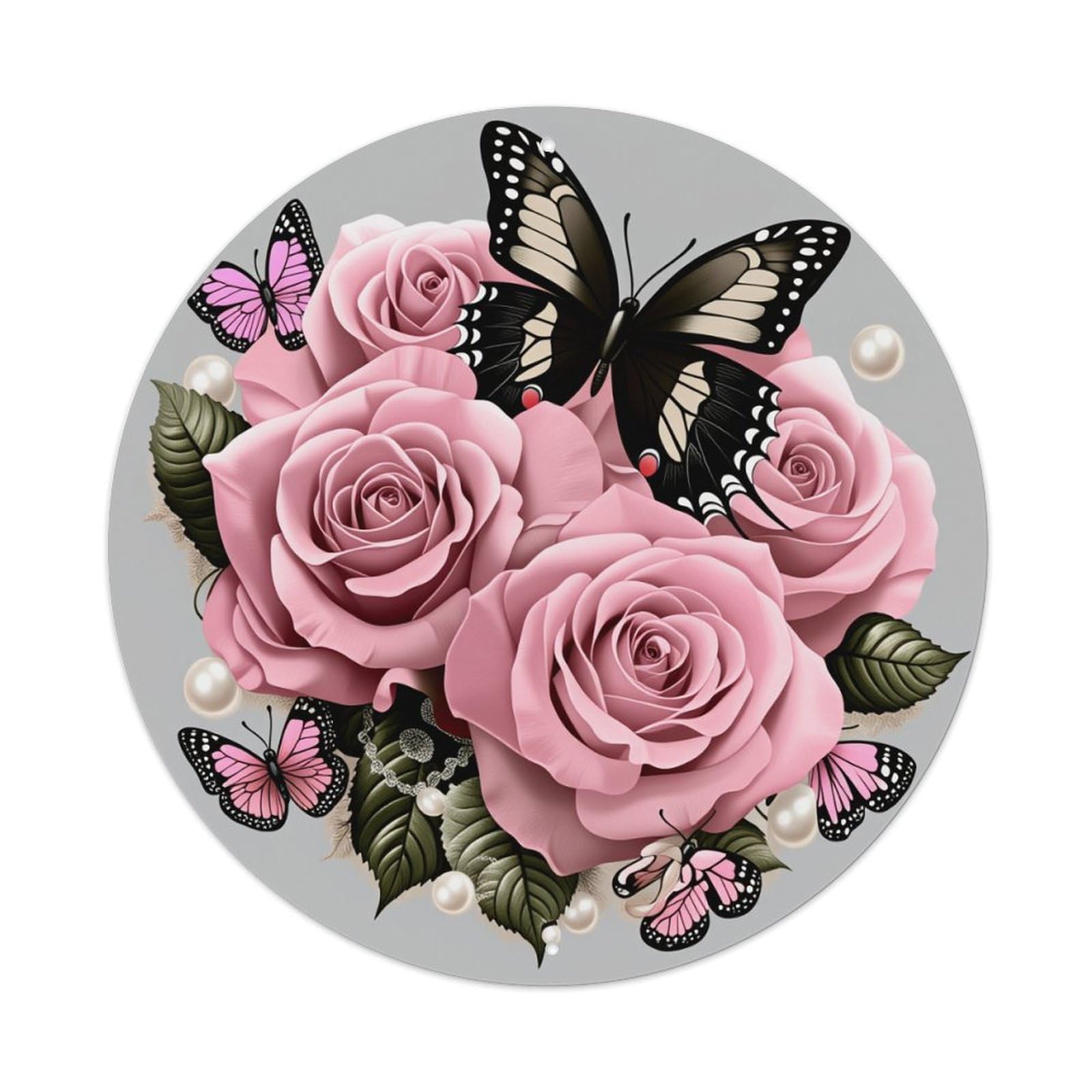 Pink Roses Butterflies Pearls Leaves Round Tin Sign Retro Metal Sign for Cafe Bar Pub Home Game Room Gym Club Wall Decoration Vintage Metal Poster 8x8 Inch